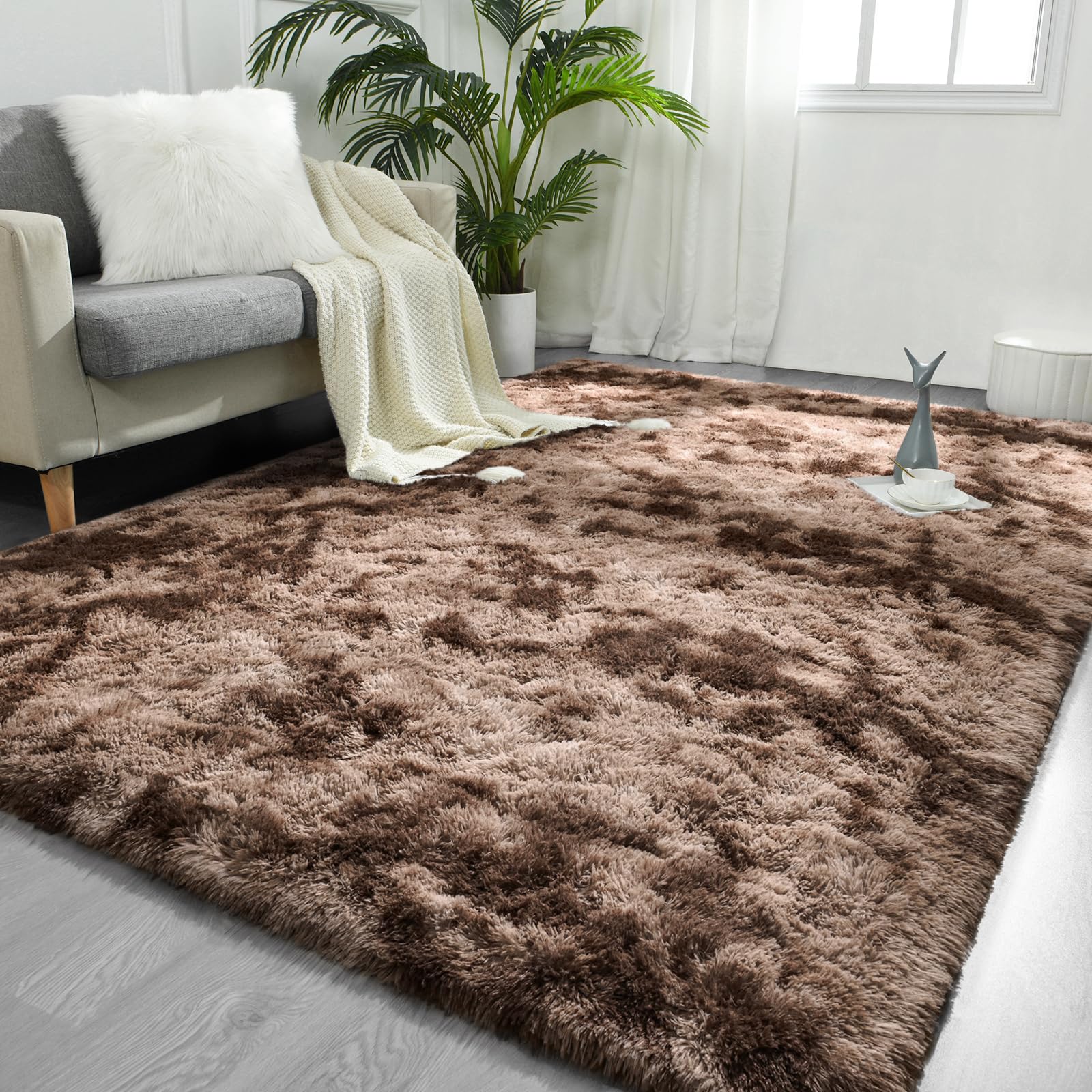 Large Area Rugs for Living Room, 5x8 Feet Tie-Dyed Coffee Shaggy Rug Fluffy Throw Carpets, Ultra Soft Plush Modern Indoor Fuzzy Rugs for Bedroom Girls Kids Nursery Room Dorm Home Decor