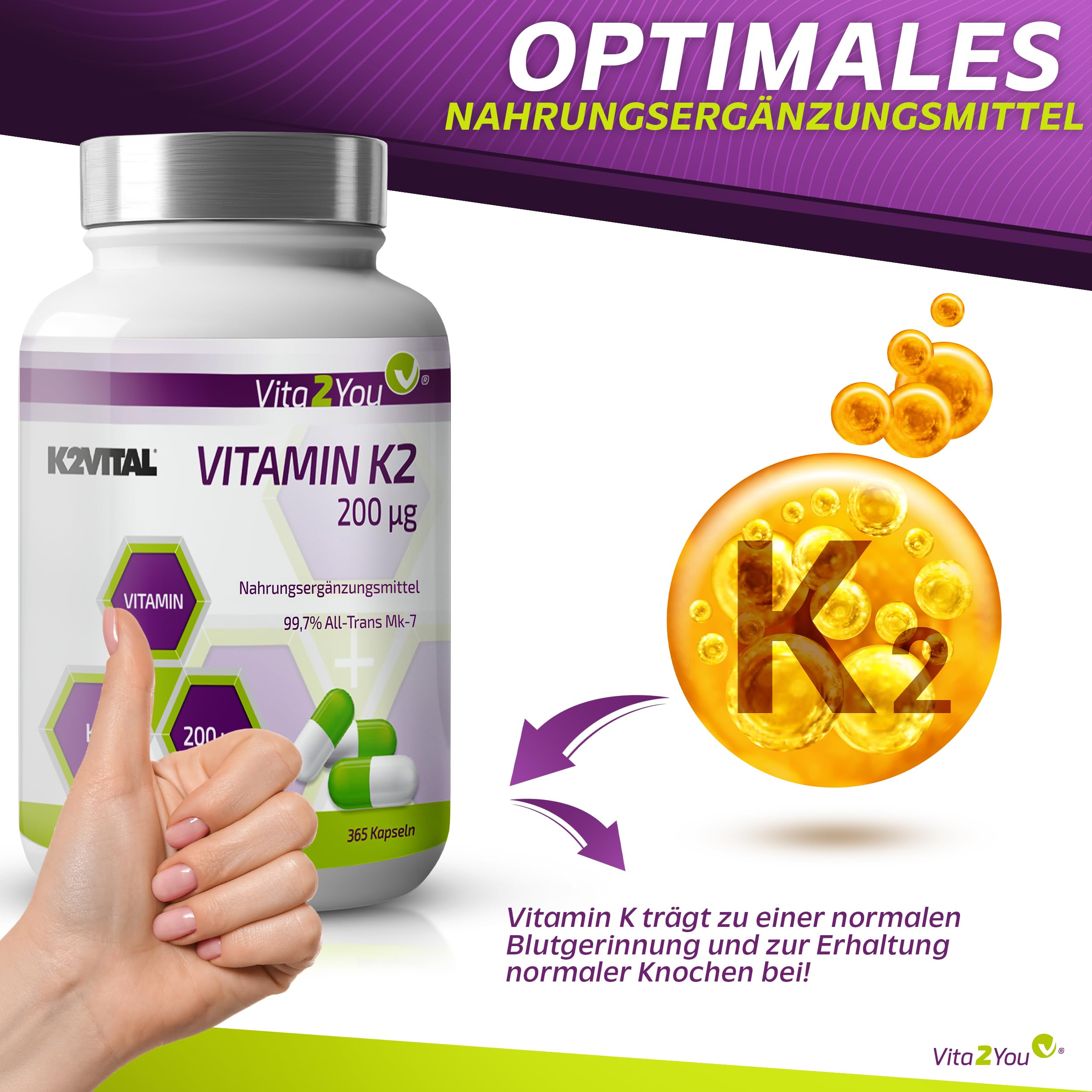 Vita2You Vitamin K2-200µg - 365 Kapseln - Original K2VITAL® - > 99,7% All-Trans - Jahrespackung - Natürliches Menaquinon MK-7 - Premium Qualität - Made in Germany