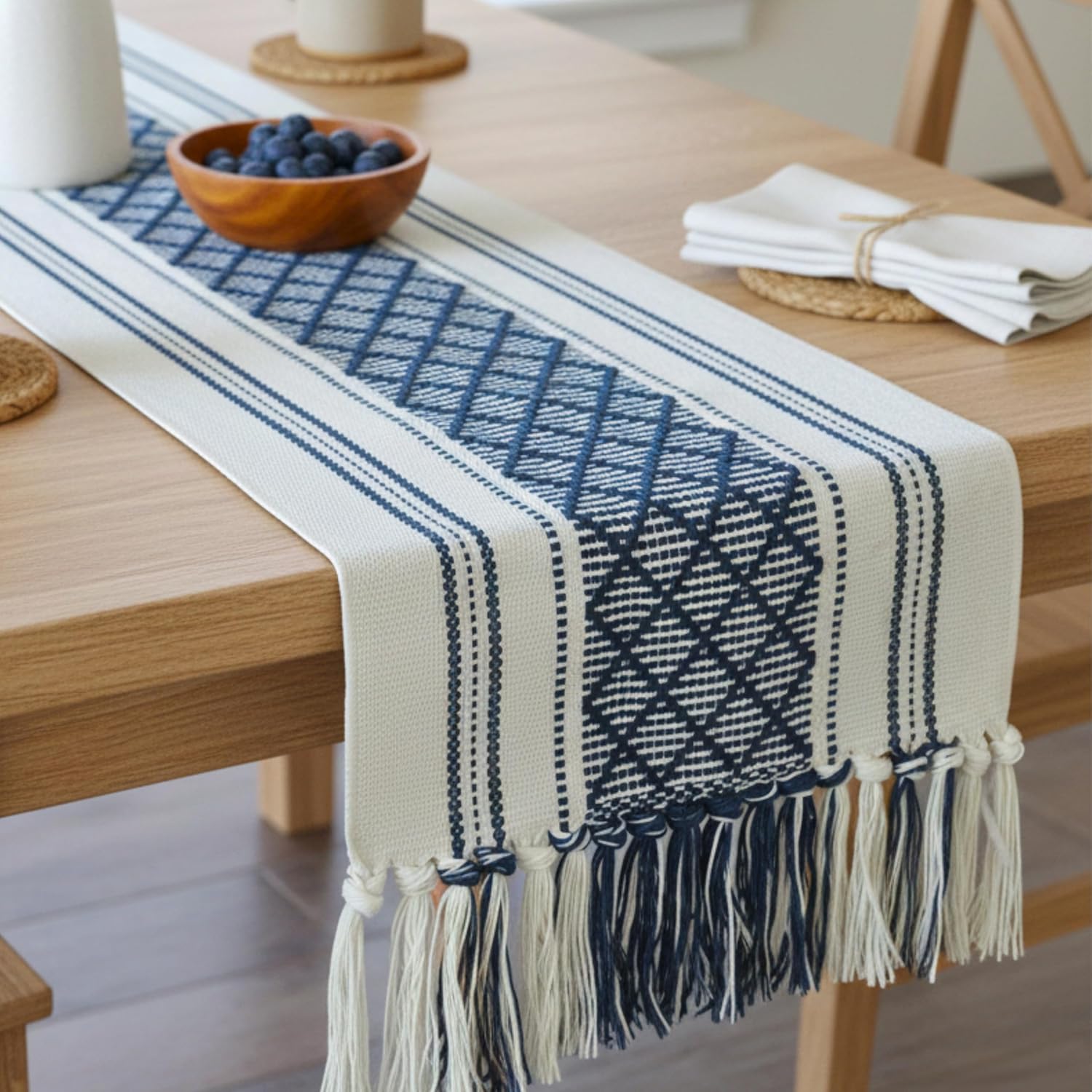 Boho Table Runner with Tassel 14 x 72 Inches, Blue & Cream, Woven Washable Dresser Scarf and Topper for Bedroom, Farmhouse Entry / Console Table Cover with Fringe.