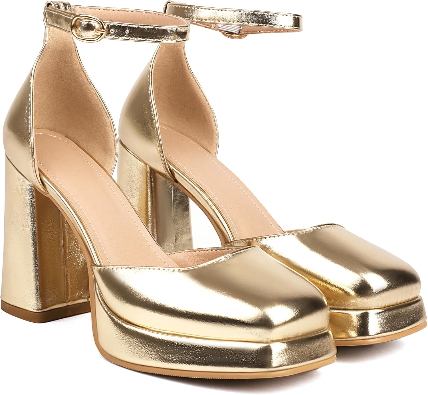 XIEDA Women's Closed Toe Platform Chunky High Block Satin Heels 4 Inch Ankle Strap Party Prom Dress Pumps - Image 4