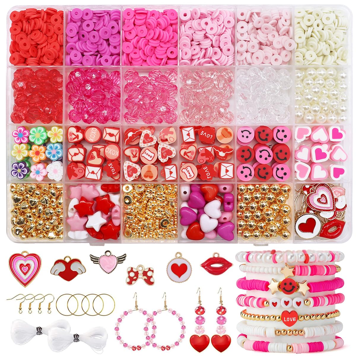 Valentine's Day Bracelet Making Kit For Couples - 350pcs Stone Beads, Pendants, String - DIY Gift For Him/Her (Pink Theme)
