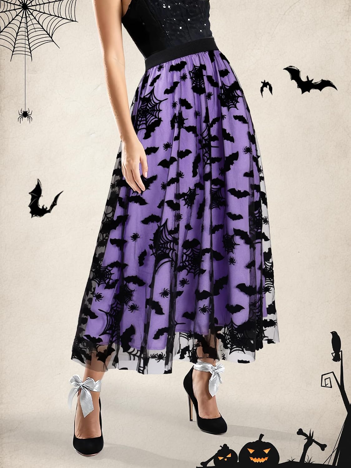 Halloween Tulle Skirt Women Pumpkin Elastic Waist Layered Mesh Midi Halloween Witch Skirt