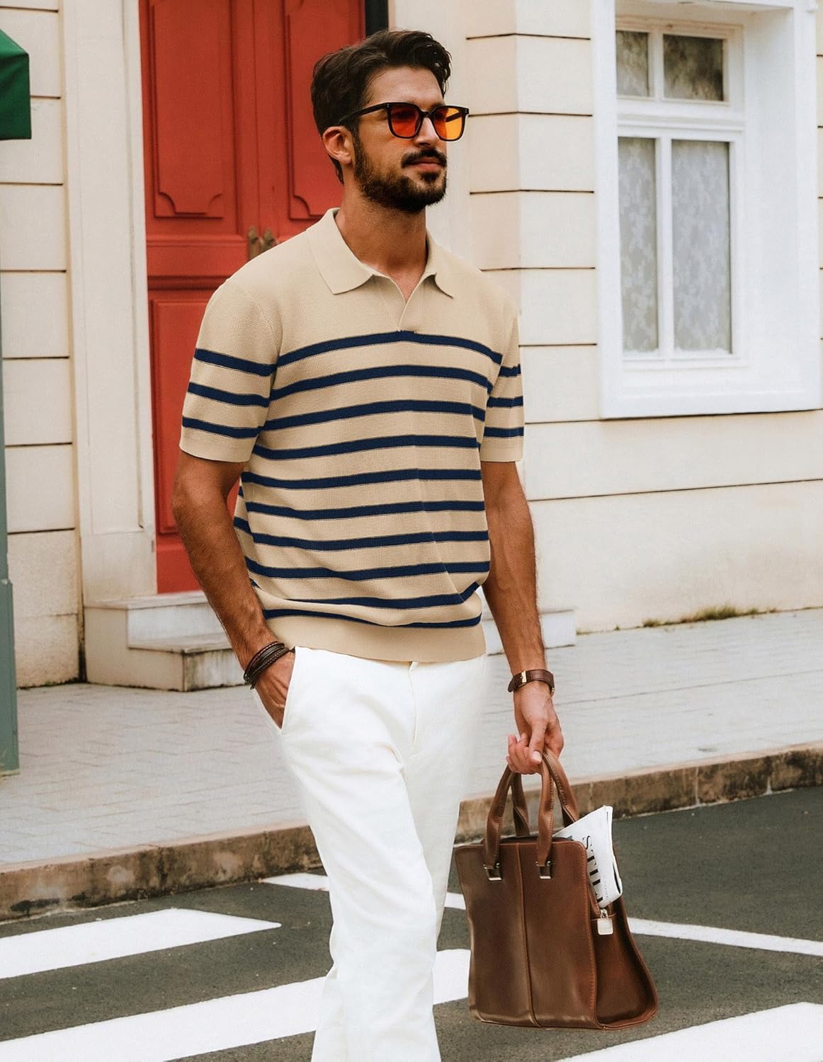 PJ PAUL JONES Men's Polo Shirts Short Sleeve V-Neck Ribbed Polo Shirt Casual Breathable Knit Polo - Image 2