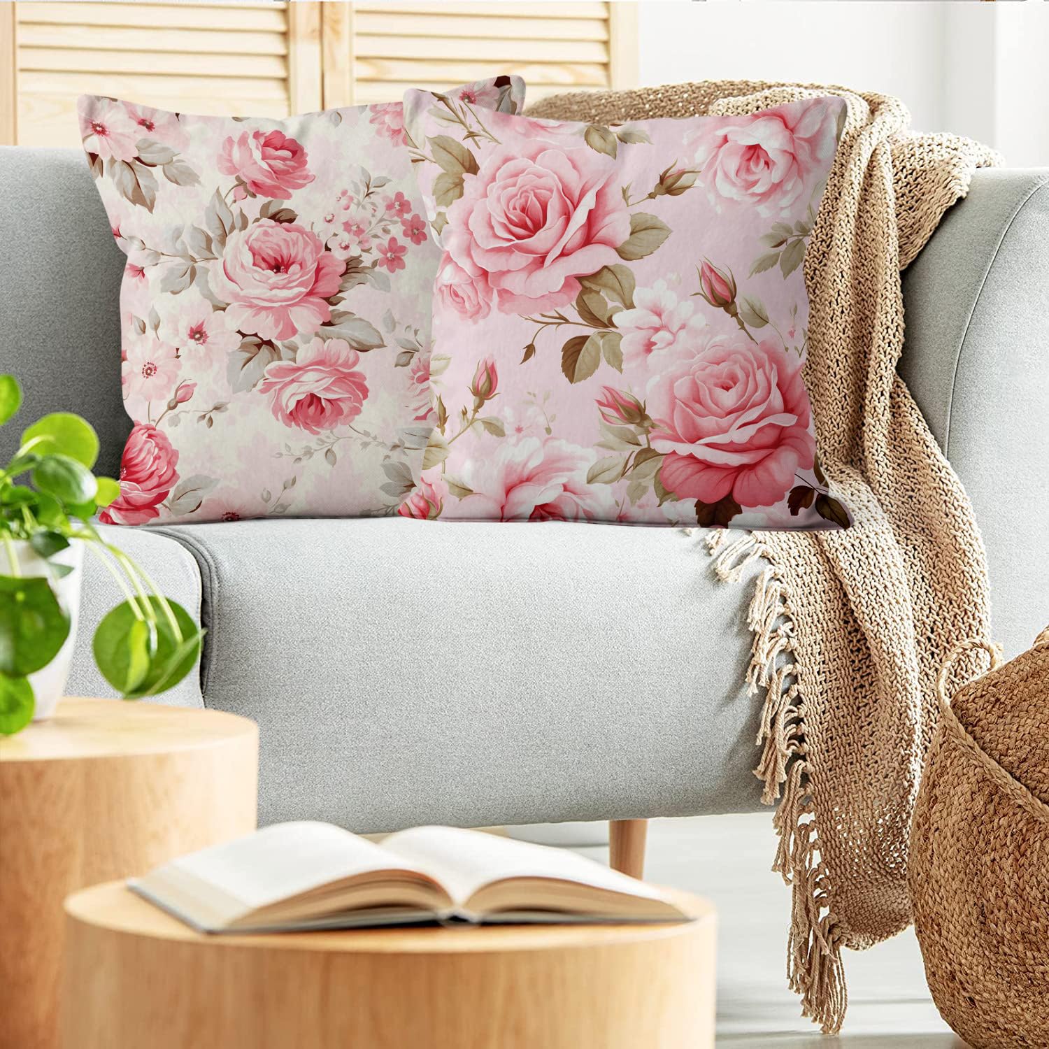 ASDCXZ Set di federe per cuscini con fiori, 40 x 40 cm, 4 pezzi, dipinte a mano in bianco, poliestere lavabile e lino, per esterni
