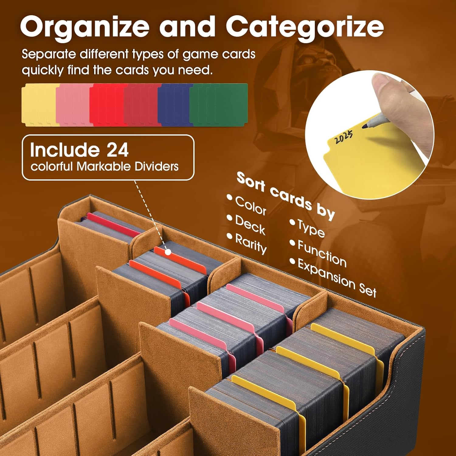 Trading Card Storage Box for Commander - 3000+ Card Deck Box with Removable Cover, 24 Colorful Divider Tabs, Card Storage Box with Viewing Windows Fits for Magic Game(Black and Gold)
