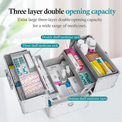Miniatura 2 de Nisorpa Caja de almacenamiento de medicamentos de 3 capas, contenedor portátil de primeros auxilios con correa para el hombro, doble apertura para