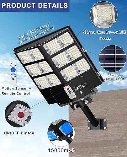 Miniatura 5 de JAYNLT Y-2000W Luz de calle solar, 200000LM 6500K al aire libre del atardecer al amanecer, IP67 impermeable luz de seguridad solar con sensor de