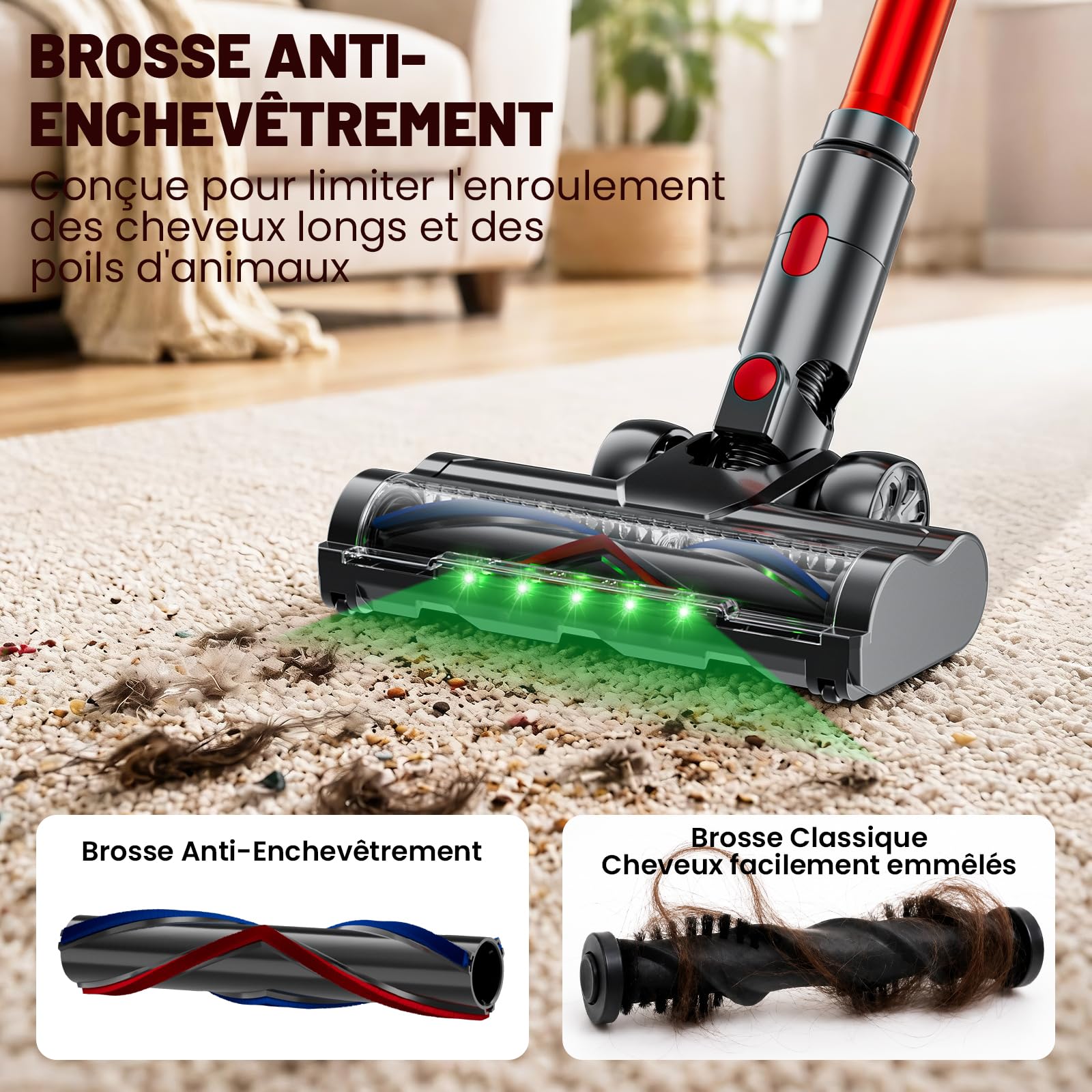 Aspirateur Balai Sans Fil 75 KPa, Autoportant avec Lumière Verte Détection Poussière, Tube Pliable Ergonomique, Écran LED Intelligent, 80 Min d’Autonomie, Anti-Enchevêtrement, Réservoir XL 1,8L