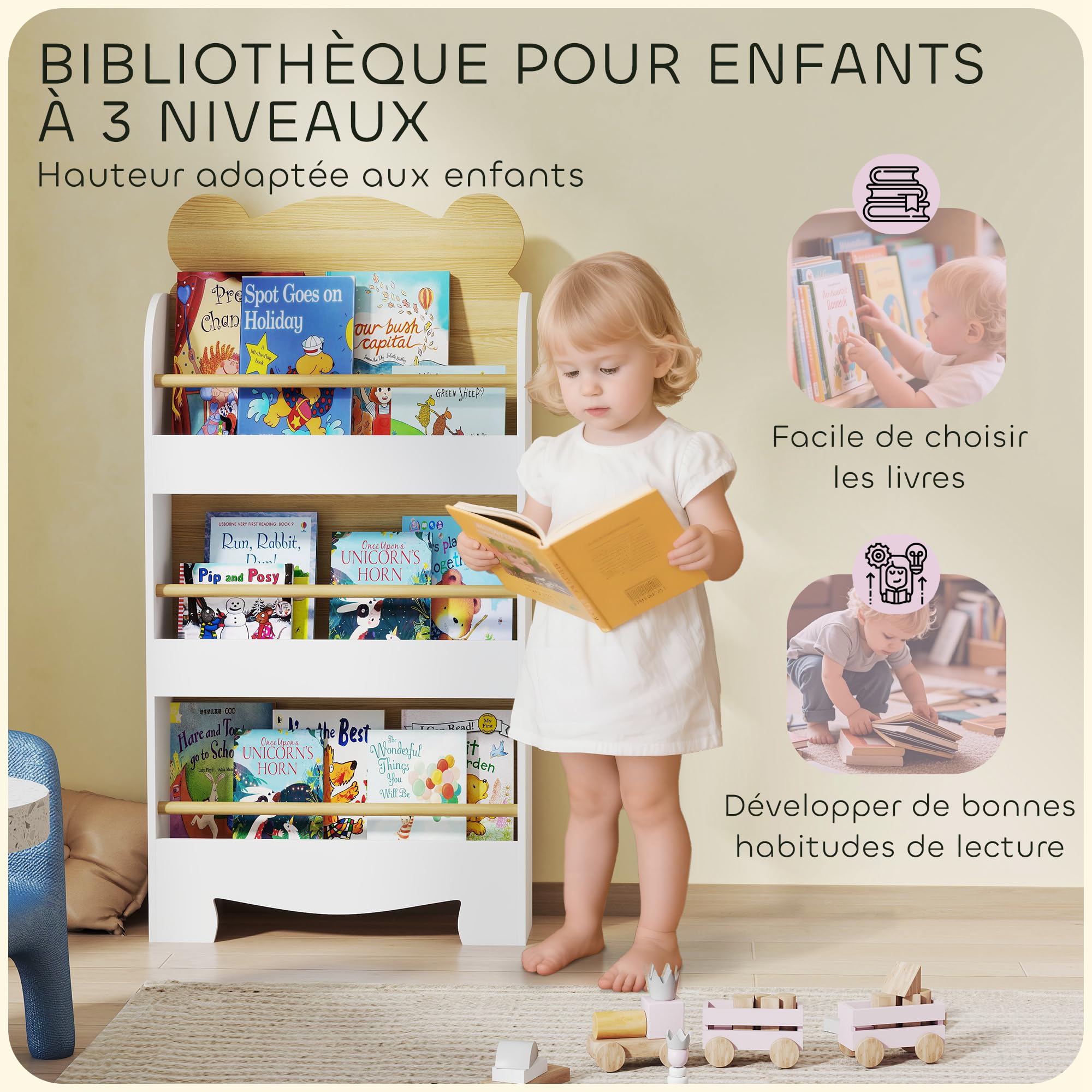 AIYAPLAY Libreria per bambini, libreria per bambini, 3 livelli, mobile portaoggetti a forma di orso, mensola per cameretta dei bambini, per sala giochi, cameretta dei bambini, legno naturale