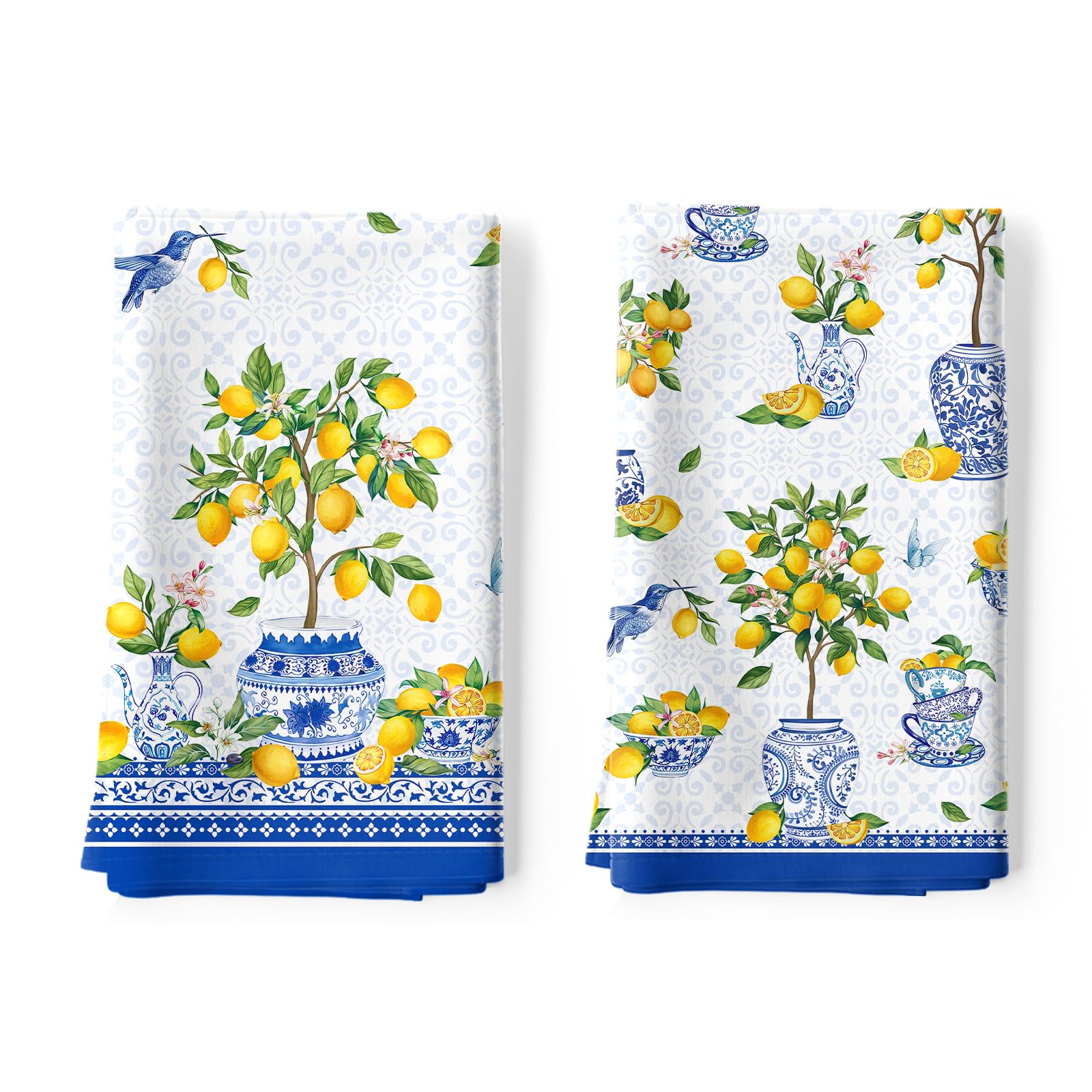 Set 2 Strofinacci Cucina, Limone Estate Chinoiserie 100% Cotone Canovacci Senza Pelucchi Asciugamani Durevole Riutilizzabili Panni Cucina Decorazione Botanica Regali di Vacanza 48 cm x 70 cm