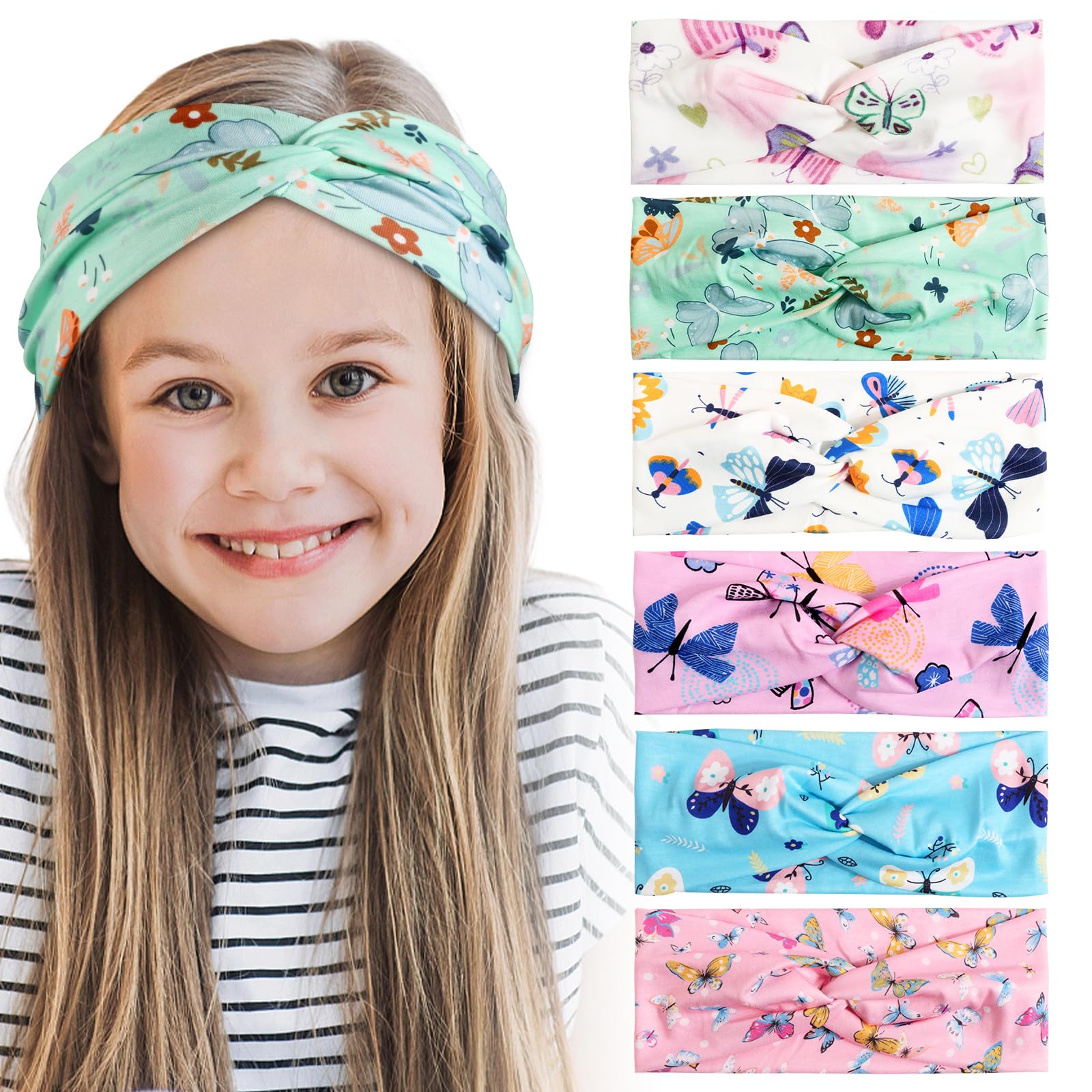 BETESSIN 6pcs Cinta Elástica Pelo Niñas Bebés de Mariposa Con Nudo, Banda Algodón, Diadema Colores, Turbante, 22cm*8.5cm