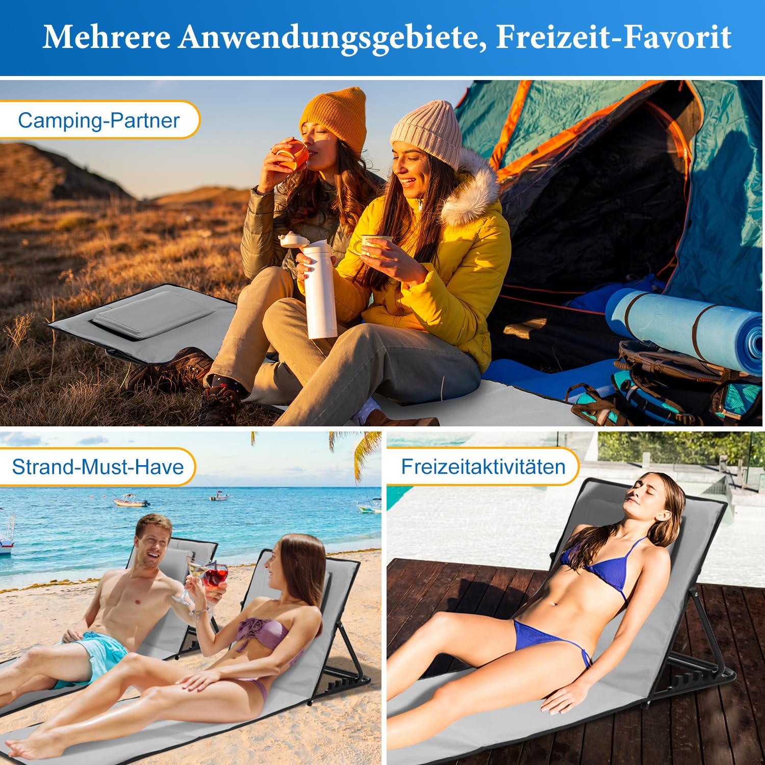 Leżak plażowy, mata plażowa, 2 sztuki, składana, przenośna, składana, do użytku na zewnątrz, kolor szary, 5-stopniowa regulacja, łącznie z torbą do przenoszenia, kolor jasnoszary