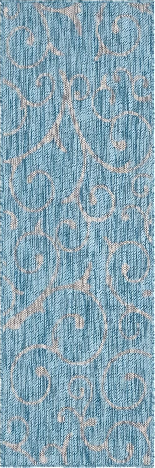 Light Aqua and Ivory Flat Woven Outdoor Runner Rug