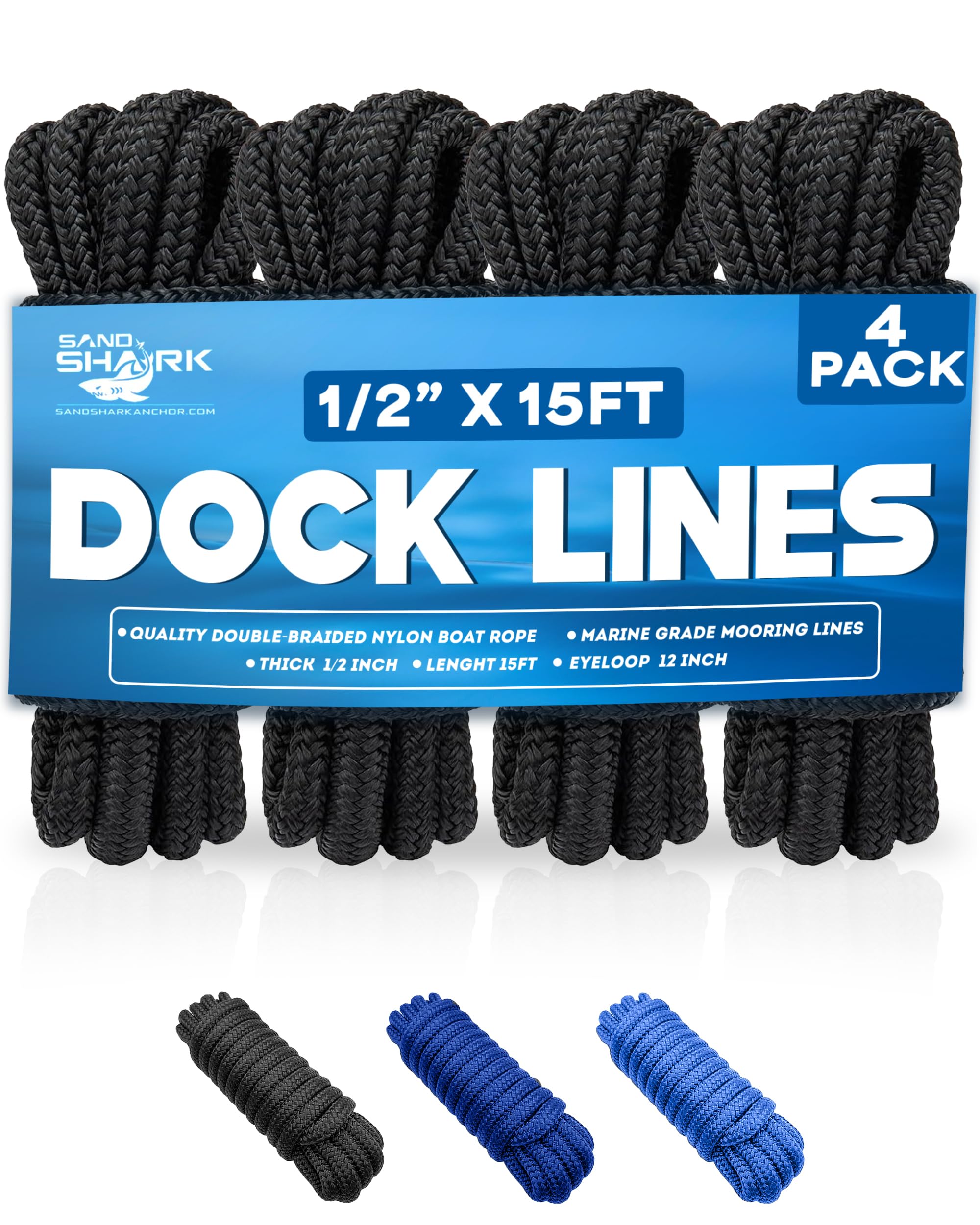 SandShark Premium 15ft 1/2in Dock Lines 4 Pack, Quality Double-Braided Nylon Boat Rope, 12in Eyelet Loop, Mooring Ropes for Docking. Pontoon Boat Accessories - Black