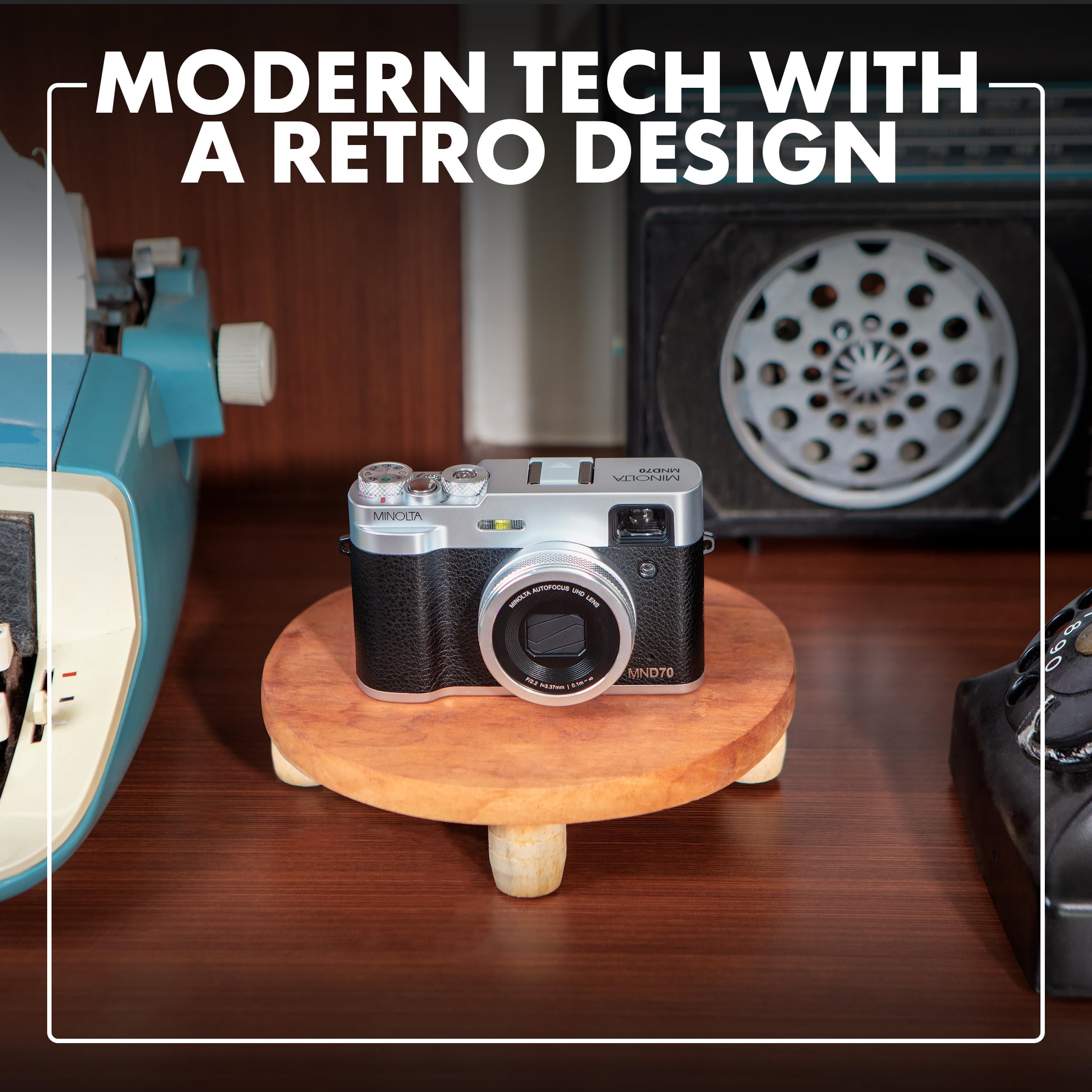 Minolta MND70 Retro 48 MP Autofocus Digital Camera with 5K Ultra HD Video, Rear Selfie Lens & WiFi, Black