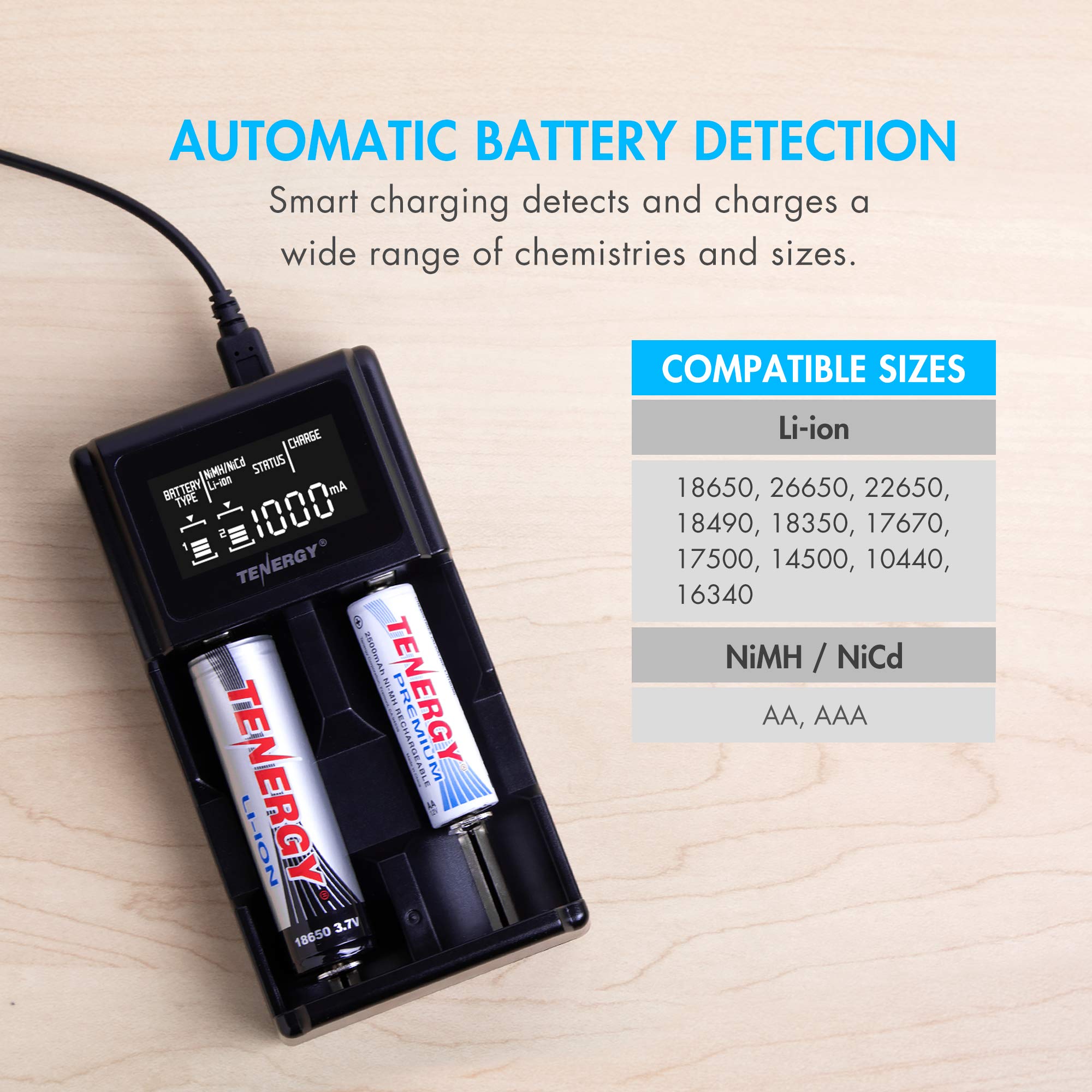 Tenergy TN471U 2-Bay Universal Battery Charger with LCD for Li-ionNiMHNiCD Rechargeable Batteries Micro USB Input Portable Charger for Batteries Sizes 18650 16340 26650 AA AAA and More product thumbnail 3