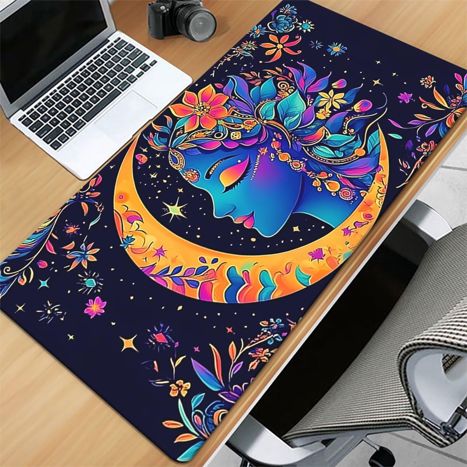Tappetino per Mouse da Gioco XXL 1200x600x3 mm, Desk Pad Grande con Bordi Cuciti, Base in Gomma Antiscivolo, Accessorio per Ufficio e PC (Luna Fiori Ragazza)