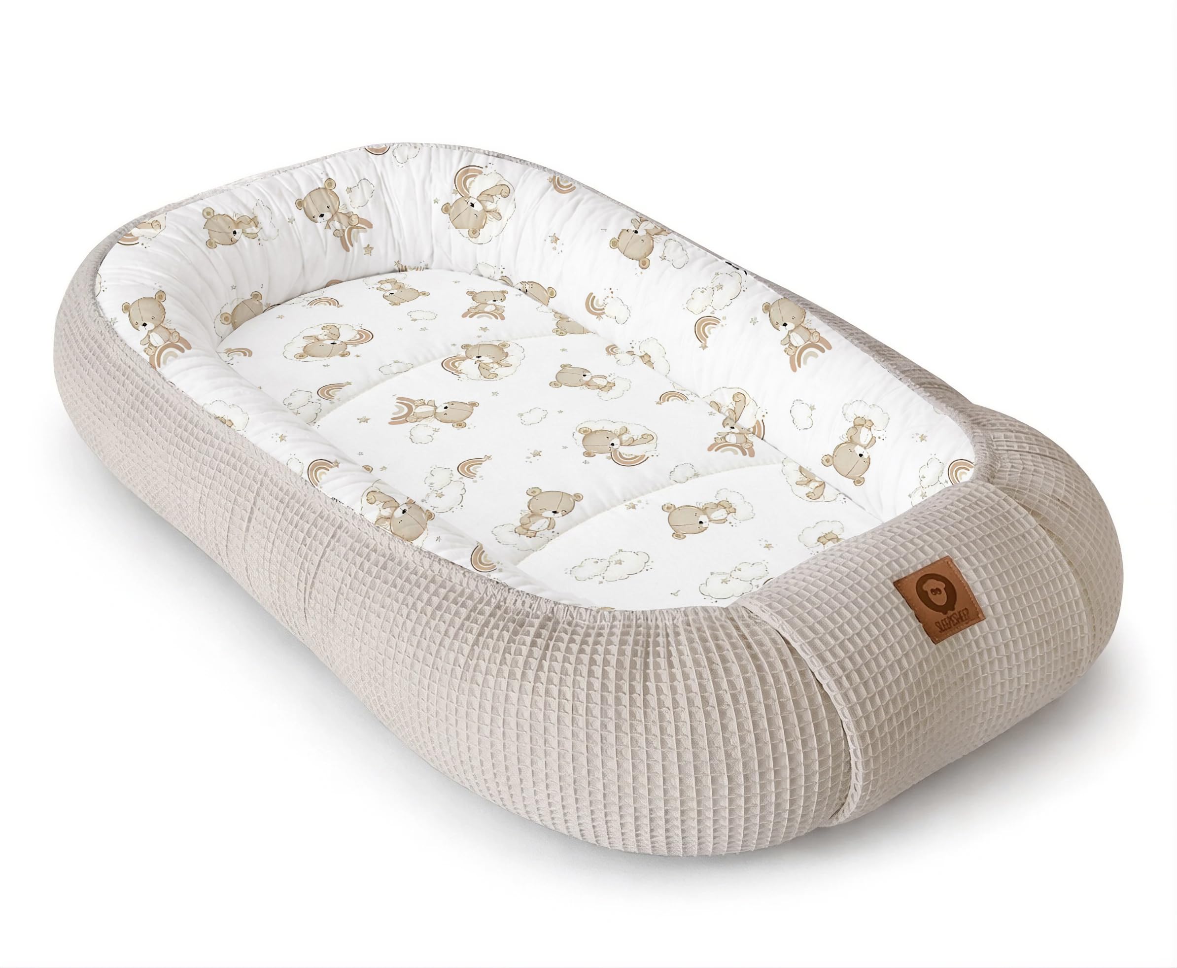 Babynestchen Neugeborene – Nestchen Baby aus Waffel Baumwolle & Baumwollstoff – Babynest für Babybett & Kinderbett – Baby Kokon Tragbar – OEKO-TEX zertifiziert – Zubehör für Babybett - Teddy und Sand