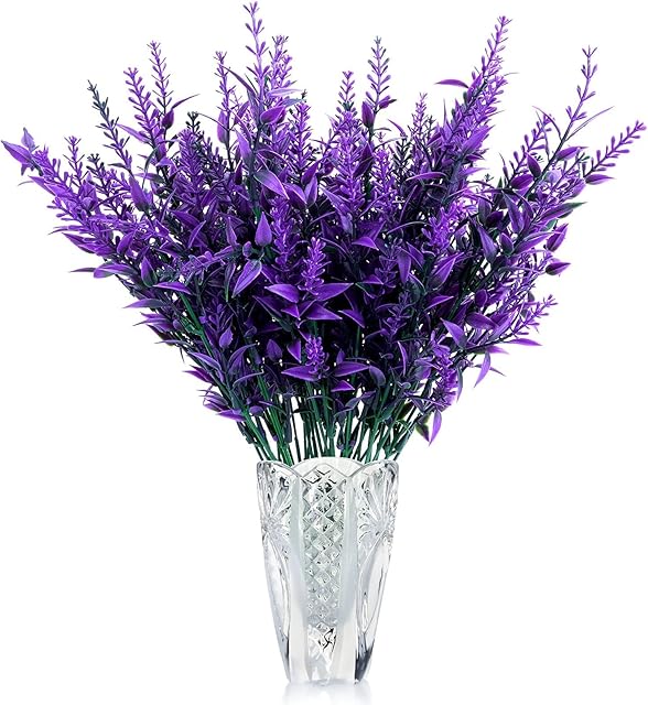 Artificial Lavender - 8 Pcs, Purple Artificial Flower, Fake Lavender, UV Resistant Plastic Flowers Bouquets for Decoration, Home, Garden, Office, Wedding