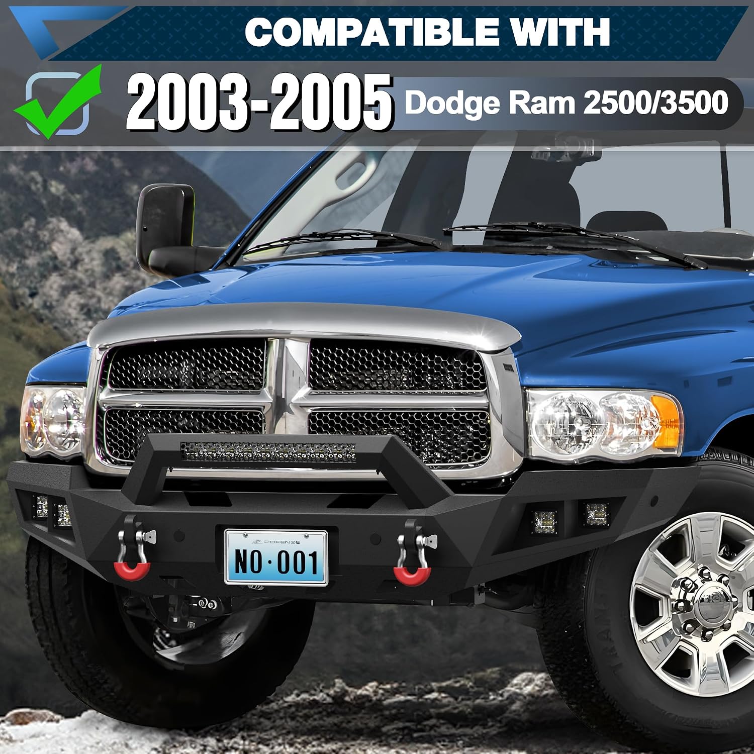 03-05 Ram 2500 Front Bumper Full Width Offroad Bumper w/Winch Plate, 144W Light Bar, 4x18w Lights, D-rings, License Plate Bracket for 2003-2005 Dodge Ram 2500/3500 Pickup Truck (Excl. Diesel)