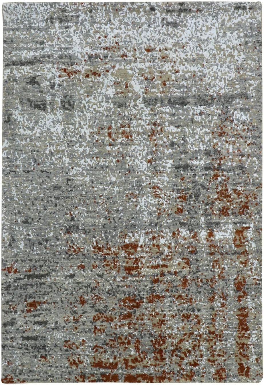 Abstract Galaxy Design Hand Knotted Oriental Rug, Pure Wool, Spanish Gray and Rust, 4x6