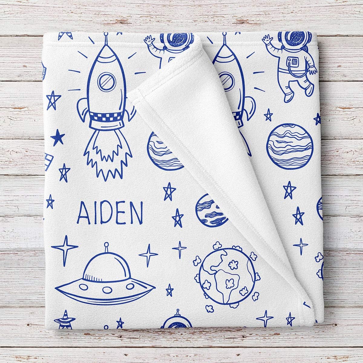 Personalized Outer Space Baby Blanket, White with Blue Print