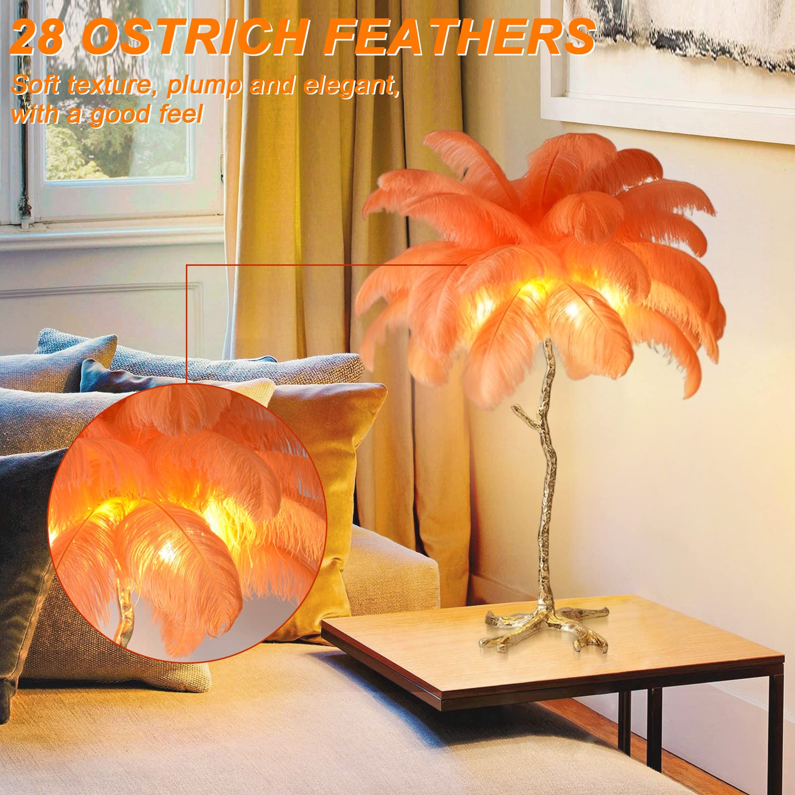 Harz Straußenfeder Tischlampe Nachttischlampe Licht orange braun weiß schwarz Feder Lampenschirm Wohnzimmer Tischleuchte Home Dekoration 80cm (orange)