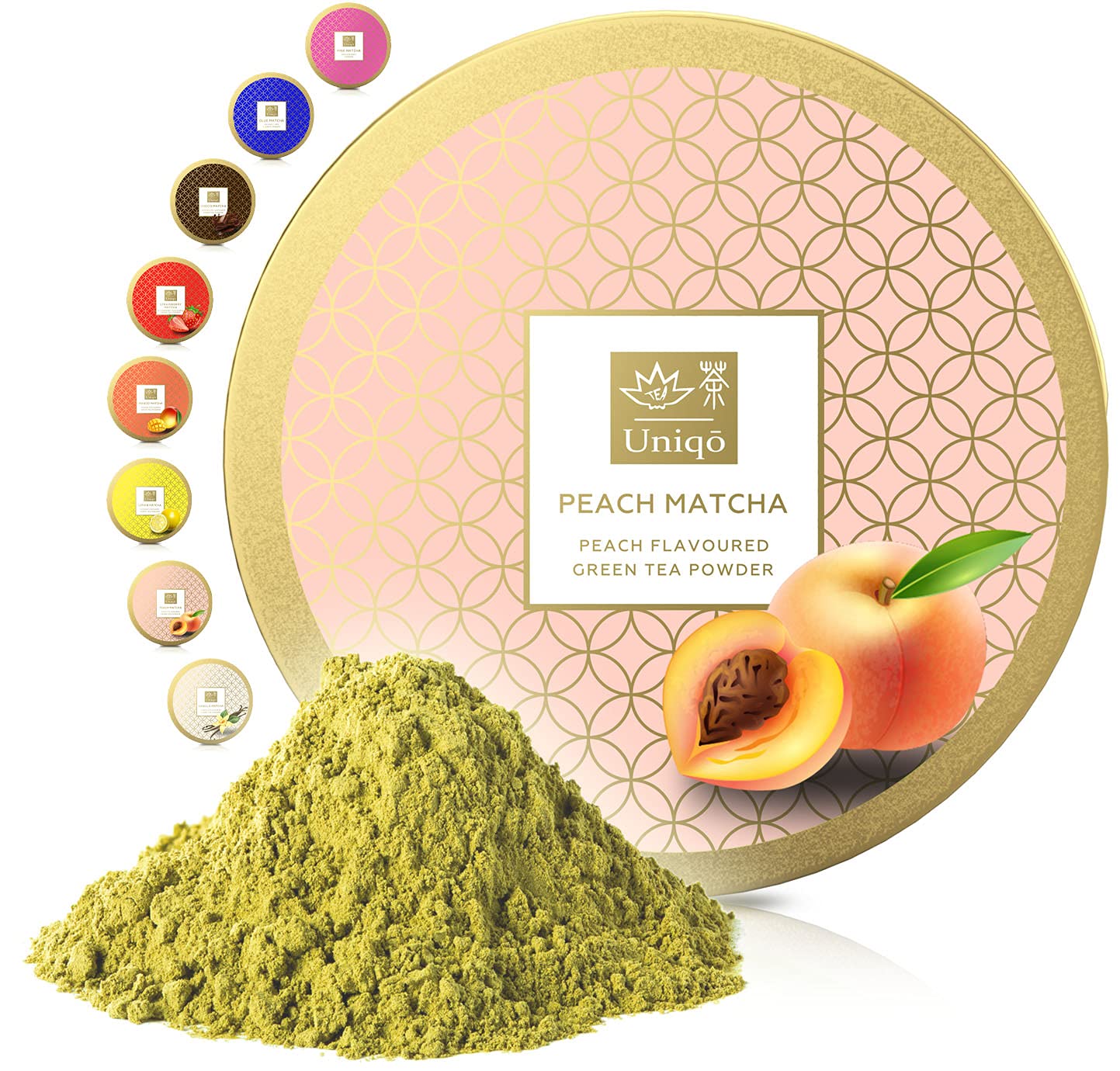 Tea Uniqo - Peach Matcha Pulver – Ideal für Eis, Latte, Shakes, zum Backen, Kochen oder pur Trinken – Grüntee Pulver mit Pfirsich Geschmack, 100% natürlich in wiederverschließbarer Dose