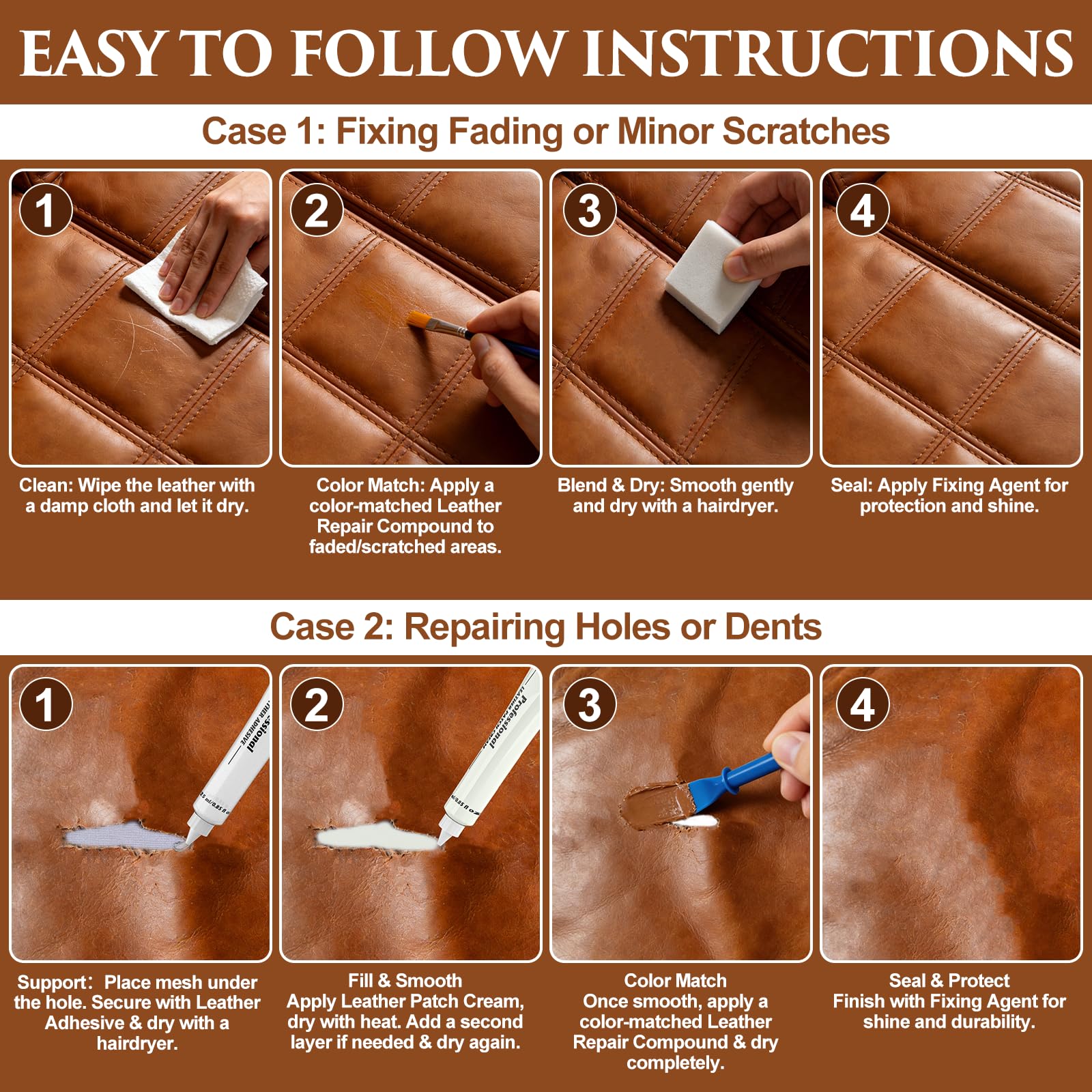 Leather Repair Kit for Furniture, Car Seats, Sofa, Jacket, and Purse, Vinyl Repair Kit with Super Easy Instructions to Match Any Color, Restore Any Glossy Leather Surface — view 5