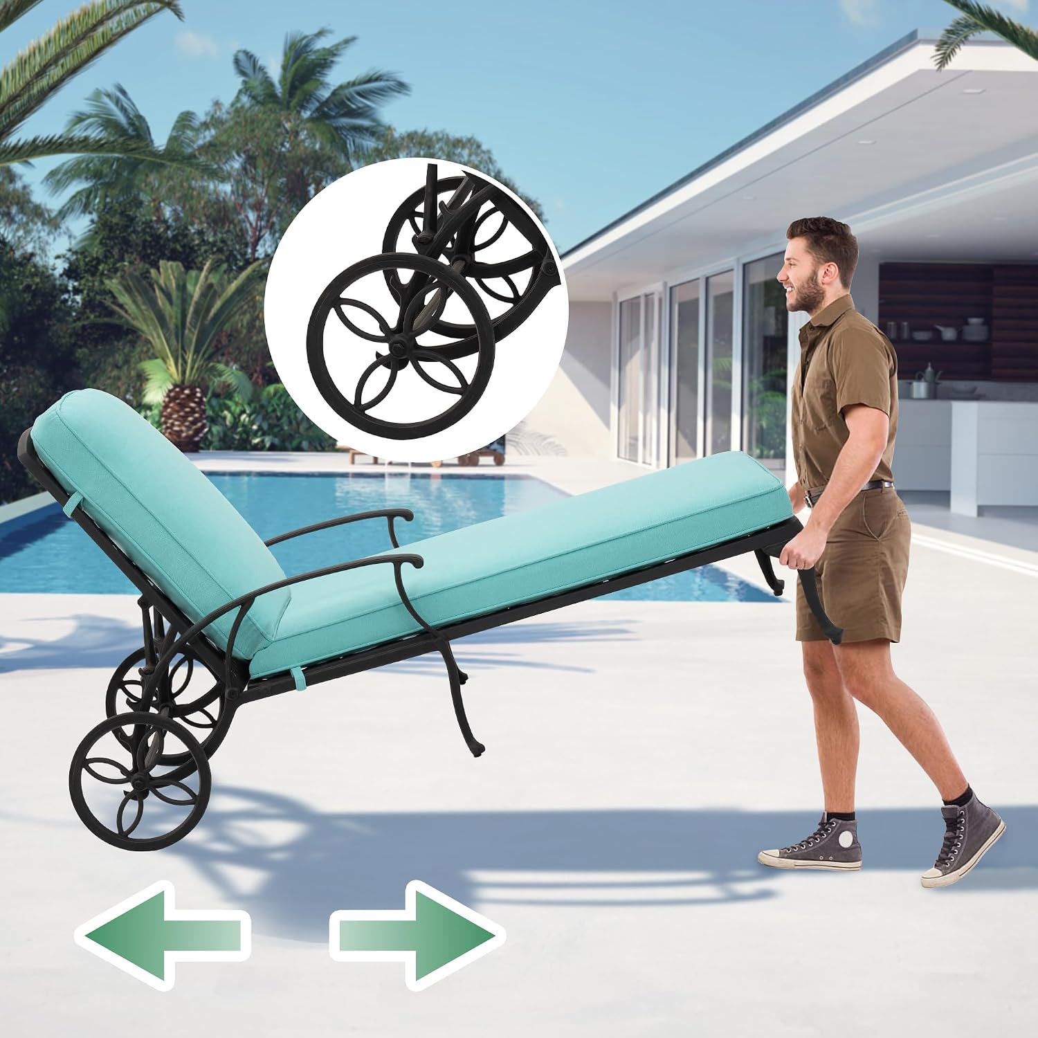 Chaise Lounge Chair Outdoor- Patio Pool Chairs Tanning Lounges for Outside Beach Lounger Cast Aluminum with Cyan/Teal Cushion 1Pack
