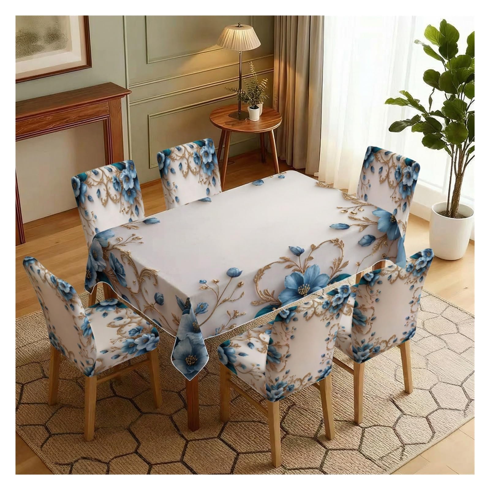 BOSUYBN Elegant Blue Floral Damask Dining Tablecloth & Chair Cover Set, 5/7 Piece Gold Symmetrical Pattern Refined Home Dining Decor Table Setting(7pcs Set: Tablecloth+Chair Covers)