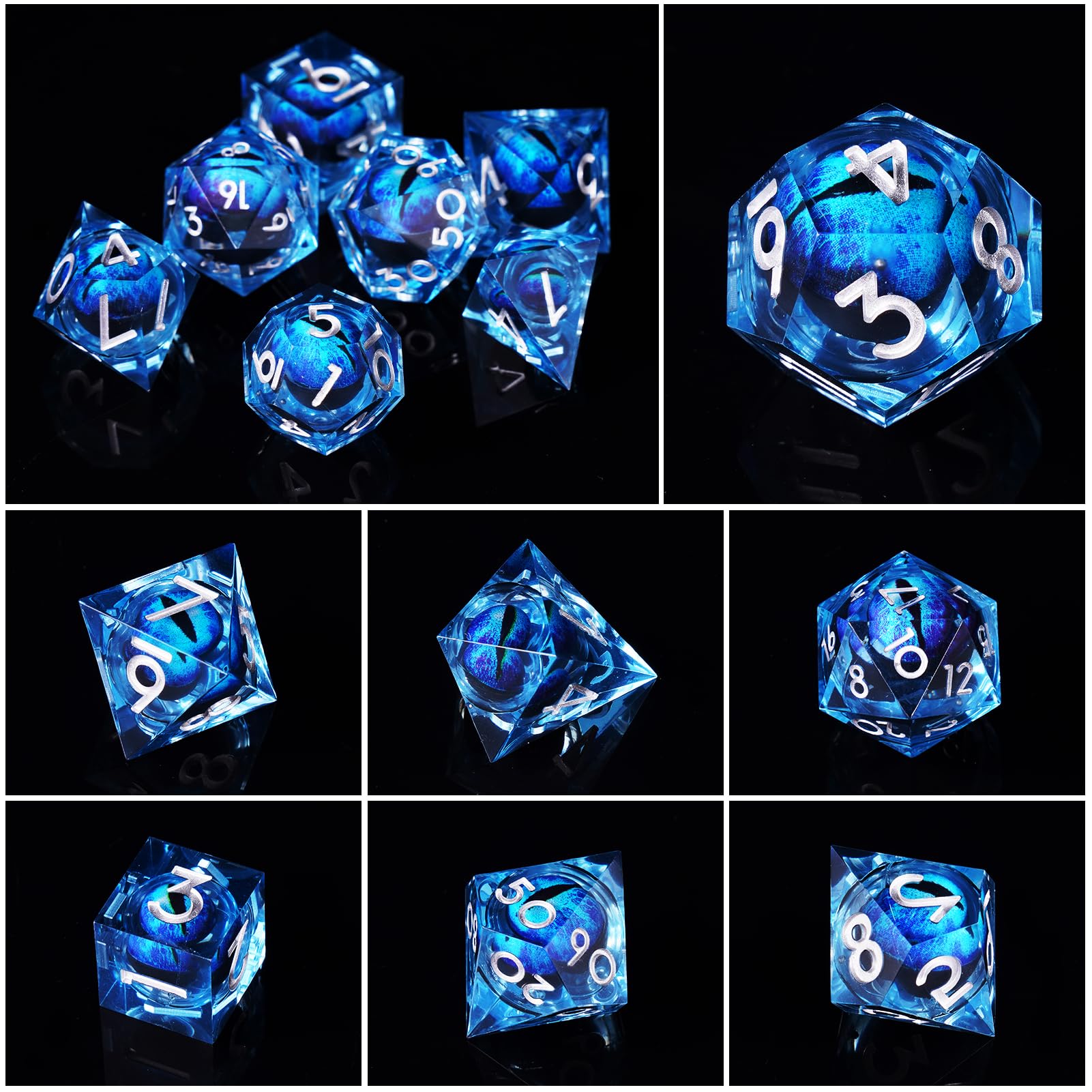 ORUZA 7 Stück Drachenauge Polyedrische Harz Spielwürfel DND Würfel Set D&D Würfel für Dungeons and Dragons RPG MTG Pathfinder Rollenspiel D4 D6 D8 D10 D% D12 D20 - 4