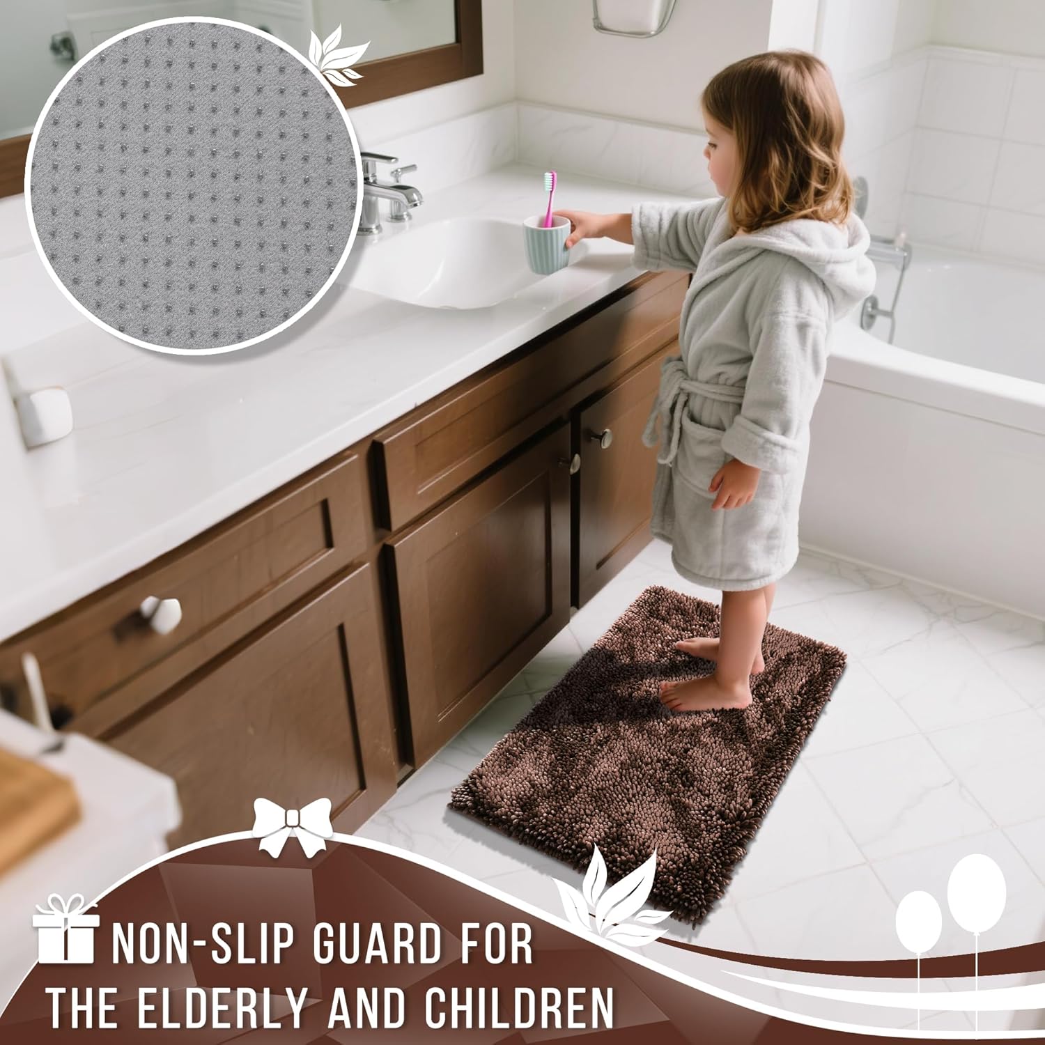 Yimobra Bathroom Rugs Sets 2 Piece, Soft Absorbent Bath Mat and U-Shaped Toilet Rug with Non Slip Backing, Luxury Shaggy Bath Mats for Bathroom, Machine Washable, 24"x17"+24"x20", Brown - Image 5