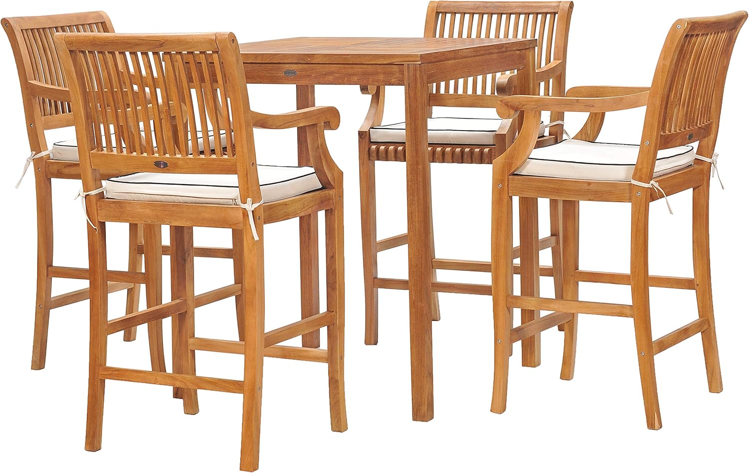 CHIC TEAK 5 Piece Teak Wood Castle Patio Bistro Bar Set with 35" Bar Table & 4 Barstools with Arms