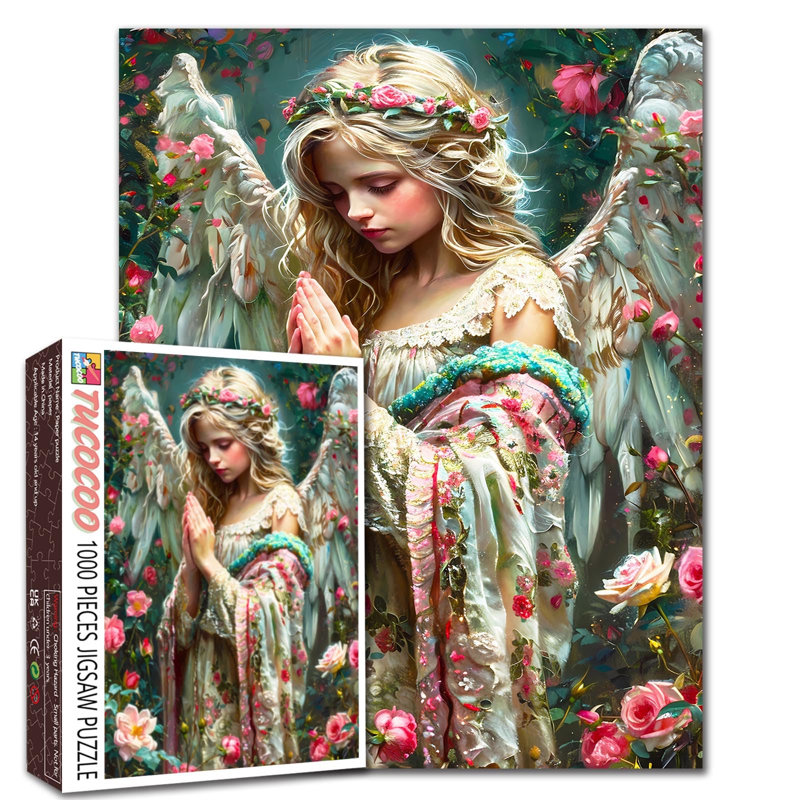 Angel Girl Praying Art Jigsaw Puzzle Adult 1000 Pieces, Flower Fairy Jigsaw Puzzle 20X27 Inch Colorful DIY Romantic Style Puzzle for Home Decor Gifts,