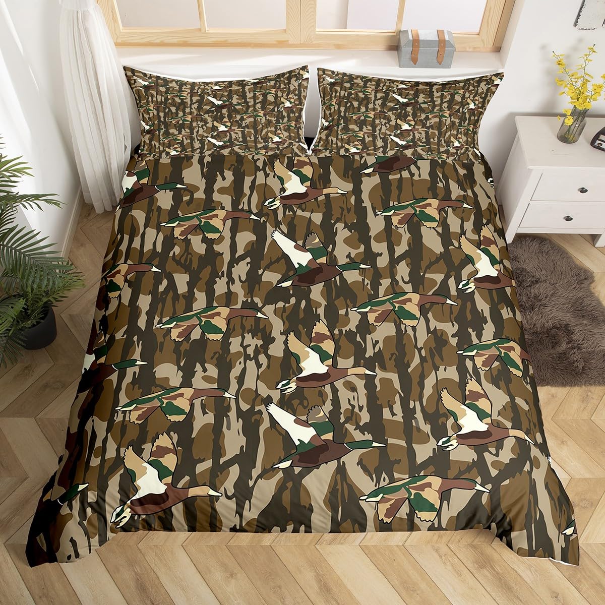 Loussiesd Duck Camo Bedding Set King Size Kids Wild Duck Camouflage Duvet Cover for Boys Girls Teens Hunter Camo Breathable Soft Lightweight Microfiber Military Room Decor