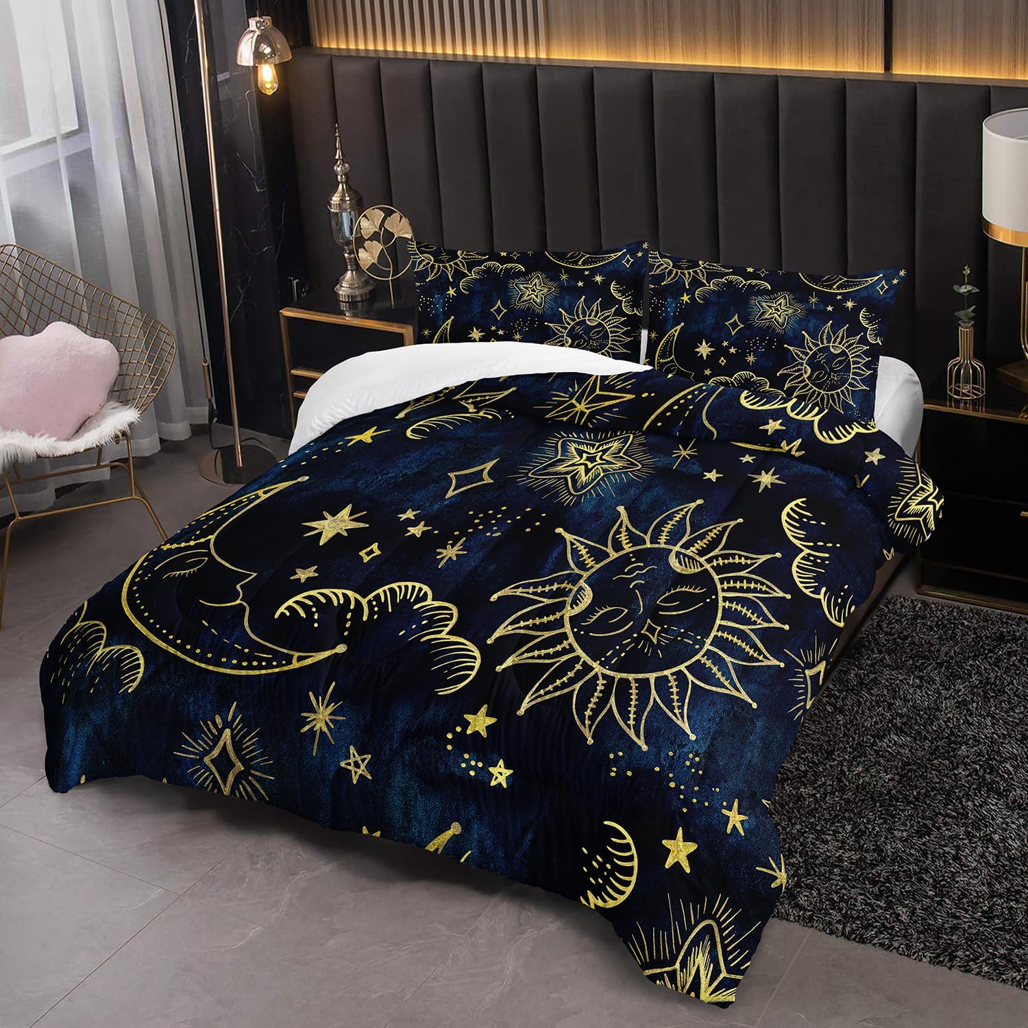 3-Piece Duvet Set - Sun, Moon, & Star Celestial Print Comforter Set, Premium Soft Microfiber Bedding Queen (Navy Blue/Gold)