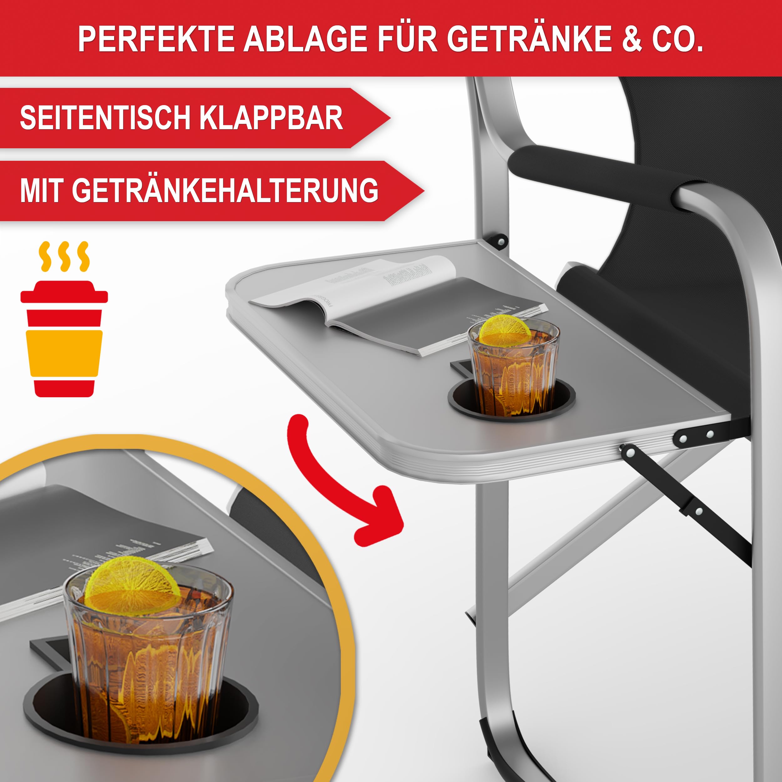 Onbest Campingstuhl faltbar – mit Kühlfach & Klapptisch, Schwarz | Bequem gepolsterter Klappstuhl bis 150 kg mit Getränkehalter & Tasche – kompakter Faltstuhl für Camping, Outdoor und Garten