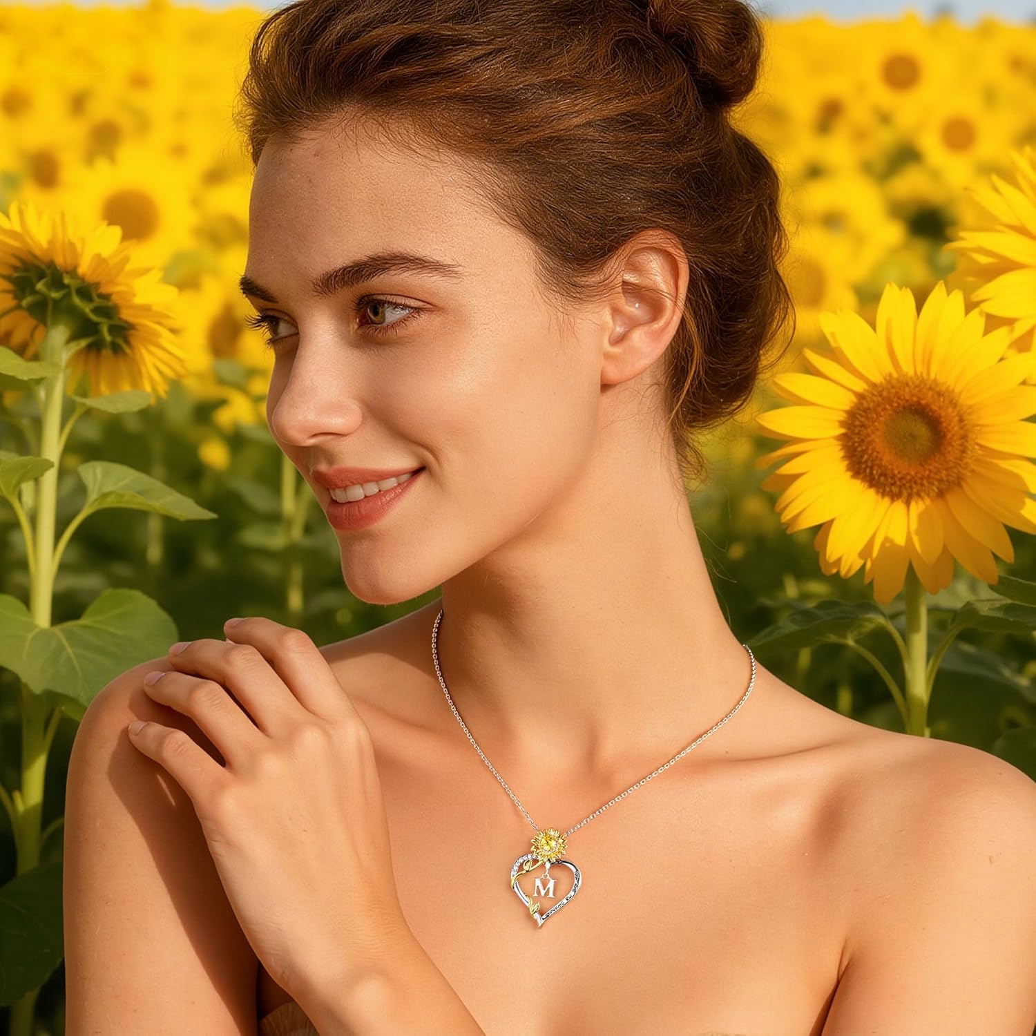 Turandoss Mothers Day Gifts for Mom, Dainty 14K White Gold Plated Initial A-Z Heart Sunflower CZ Pendant Necklace You Are My Sunshine Birthday Jewelry Mothers Day Gifts for Mom Daughter