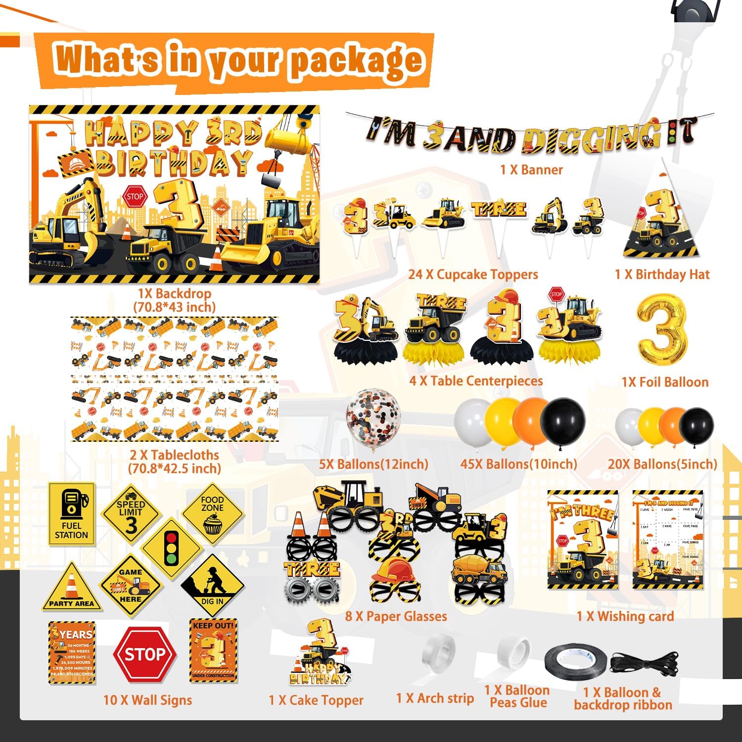 Mpanwen Construction 3rd Party Decorations, 127Pcs Truck Construction 3rd Birthday Party Supplies for 3 Years Old Baby Boys - Backdrop, Wall Signs, Banner, Tablecloth, Hat, Poster, Paper Glasses