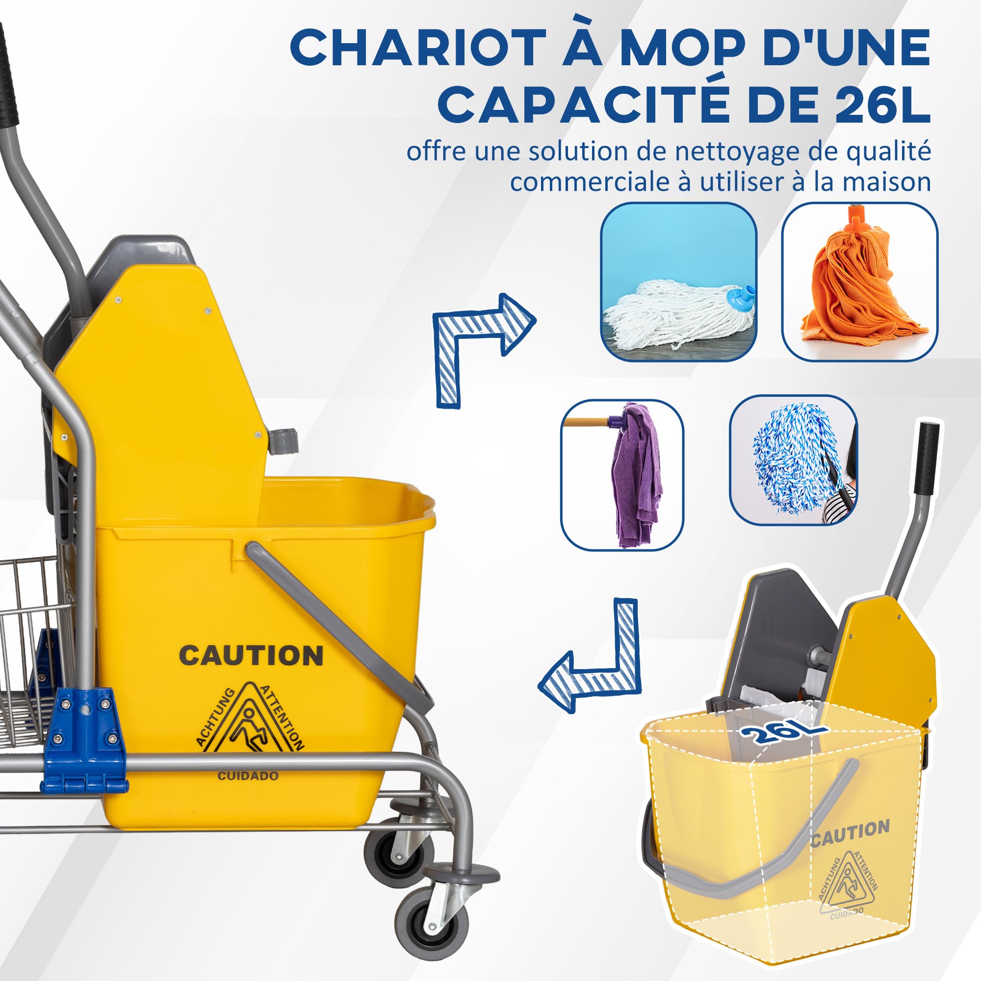 HOMCOM Chariot de ménage Chariot de Lavage Chariot de Nettoyage Professionnel Presse à mâchoire Seau 26 L + Panier de rangements dim. 73L x 45l x 95H cm Jaune