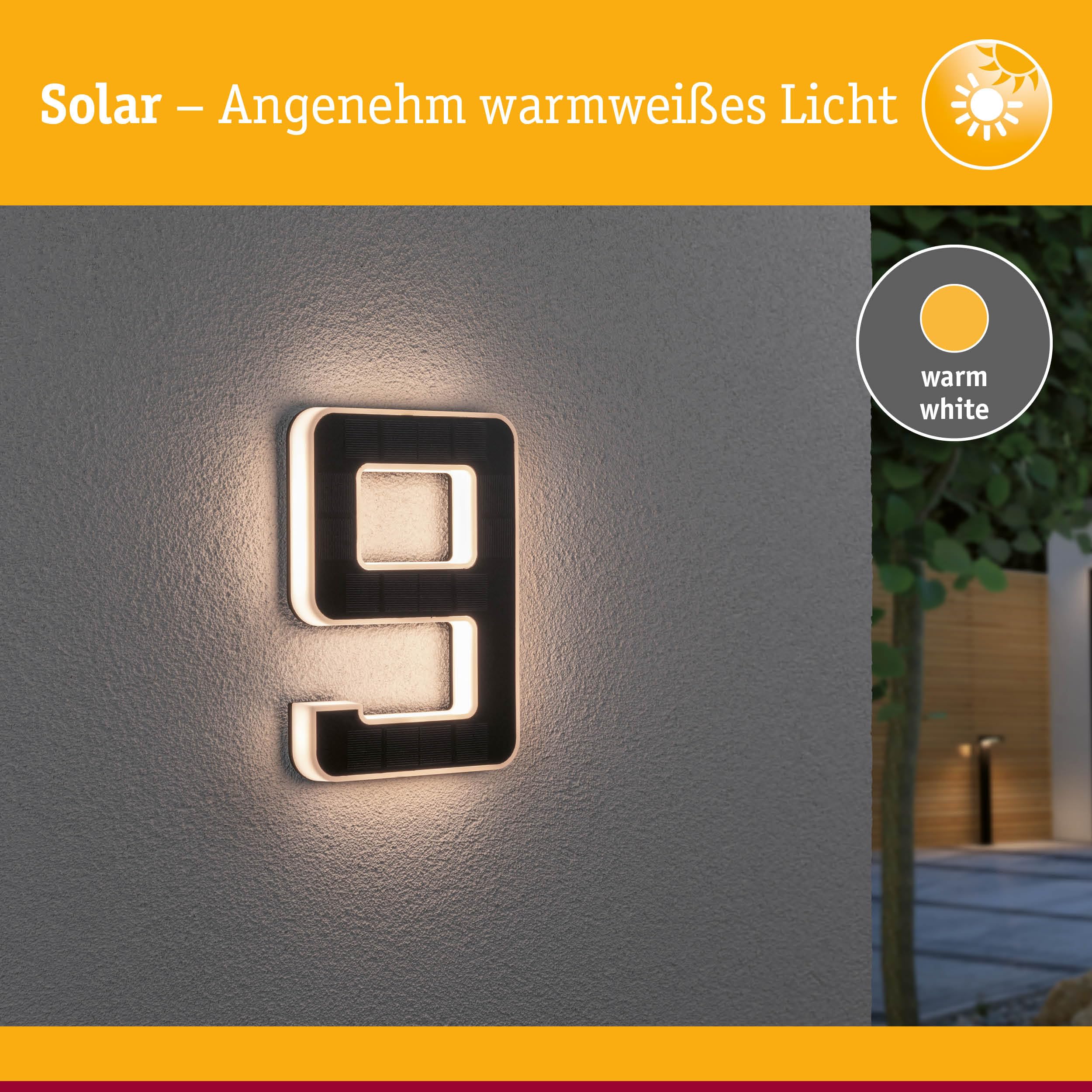 Paulmann 79850 LED Solar Hausnummer 9 IP44 Warmweiß Akku wechselbar incl. 1x0,2 Watt Solarleuchte Schwarz Solarlampe Kunststoff Solarlicht 3000 K