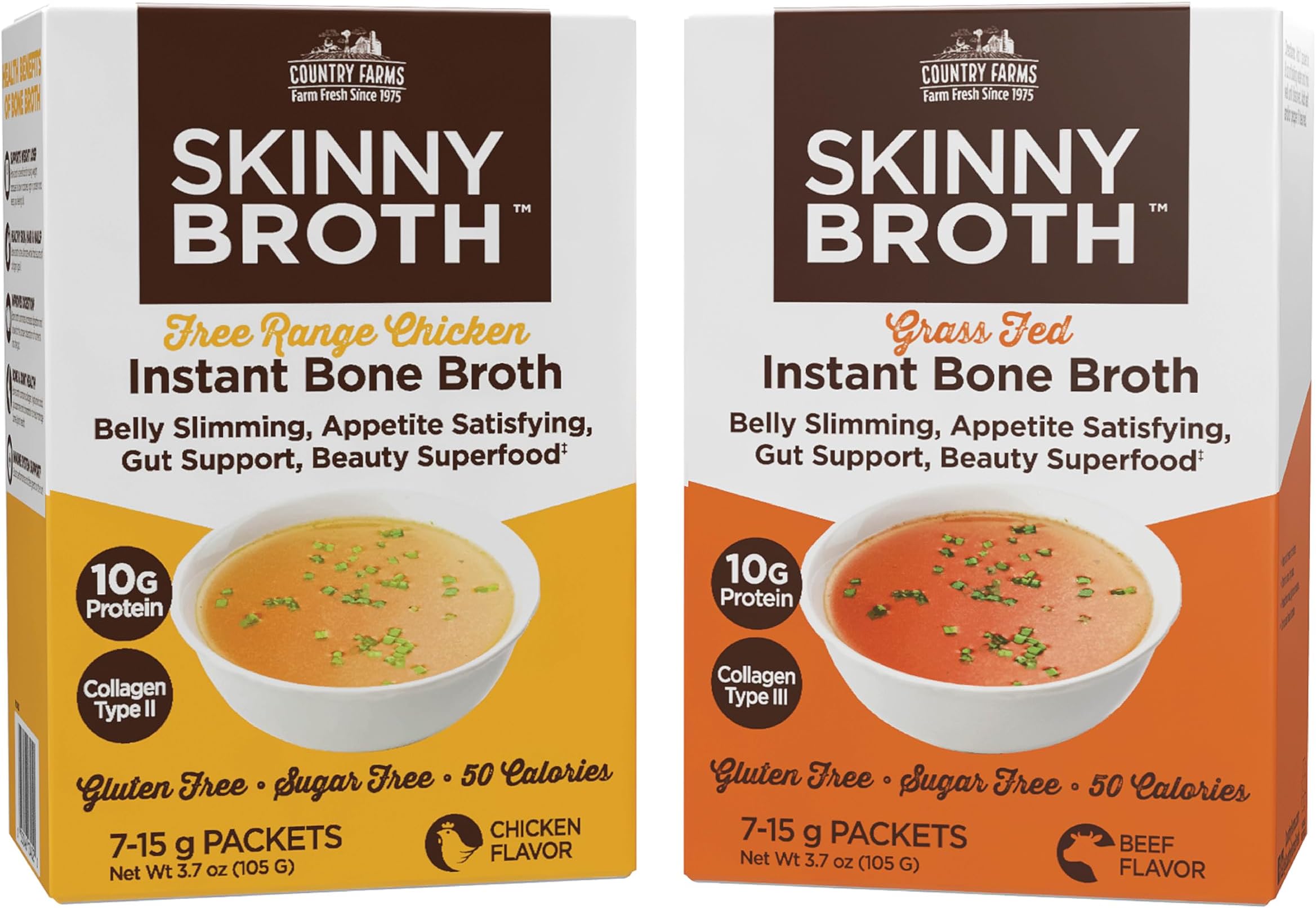 Skinny Broth 7-Day Plan, Instant Chicken and Beef Bone Broth, 10G Protein, Collagen Type II, Promotes Better Digestion, Bone Health, 7 Day Plan, 14-15g Packets