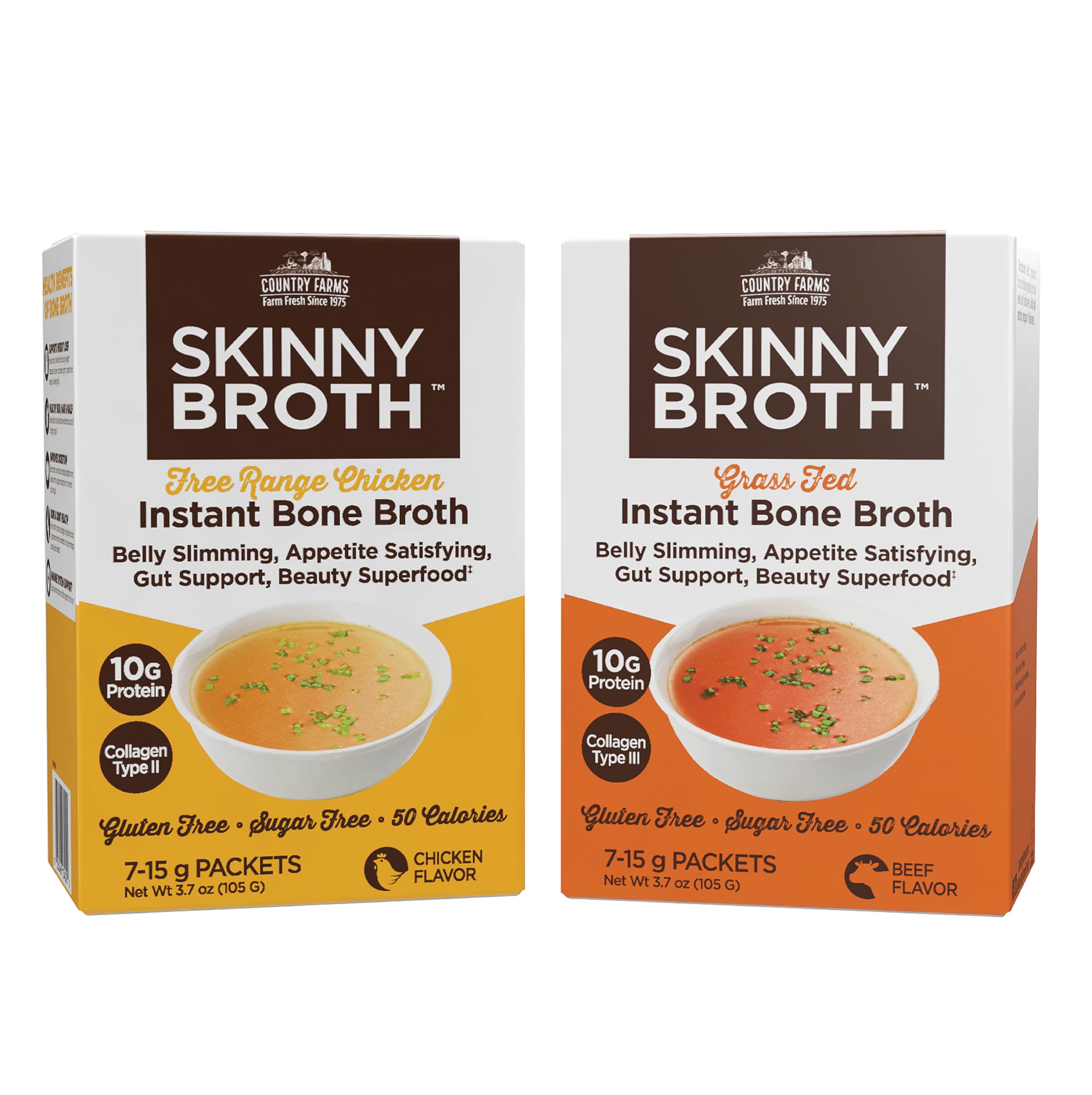 COUNTRY FARMSSkinny Broth 7-Day Plan, Instant Chicken and Beef Bone Broth, 10G Protein, Collagen Type II, Promotes Better Digestion, Bone Health, 7 Day Plan, 14-15g Packets