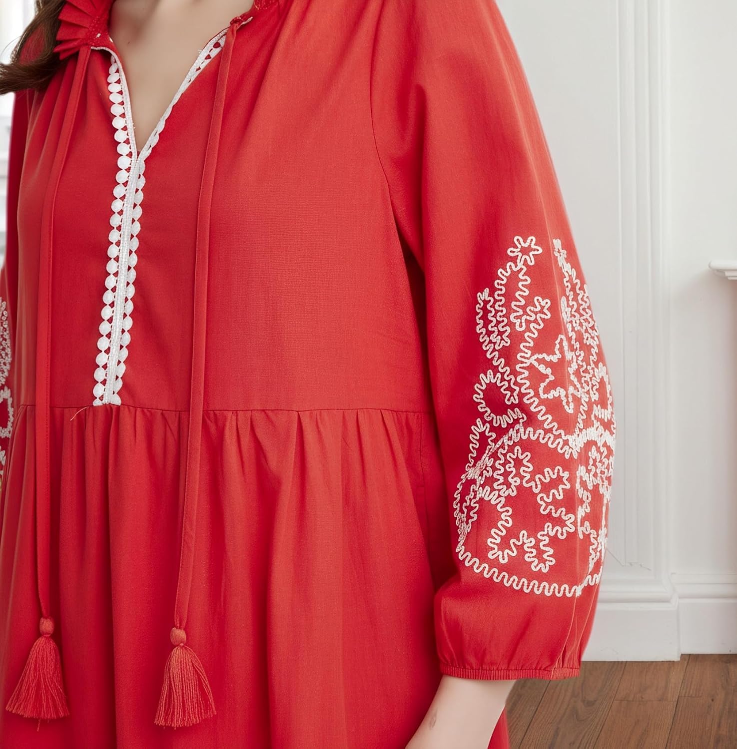 Ladyful Womens Summer Tiered Maxi Cotton Dress Tassel Embroidered 3/4 Sleeve V Neck Flowy Fall Vacation Beach Dress - Image 6