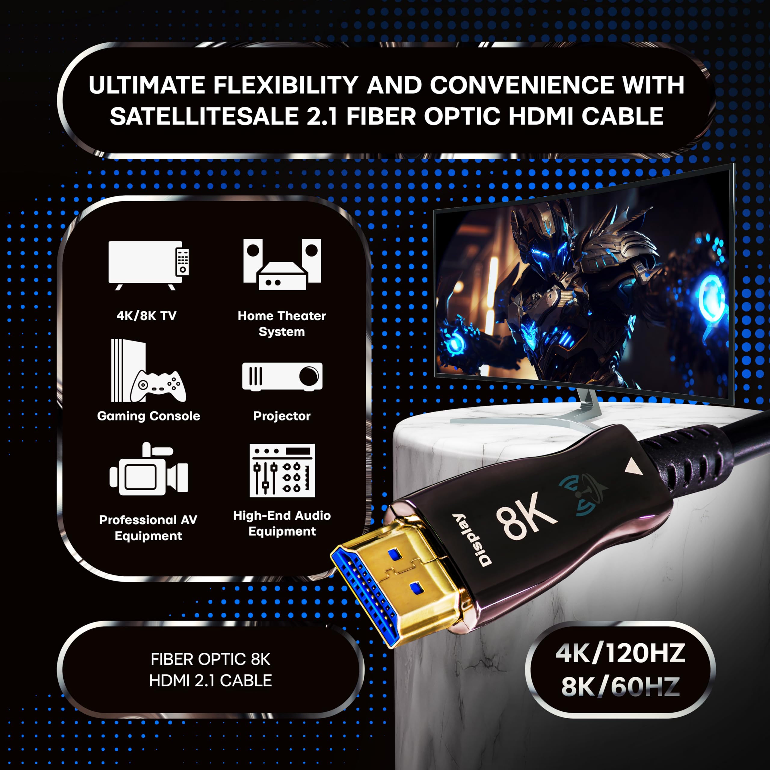 SatelliteSale Cavo HDMI 2.1 in fibra ottica 8K, ad alta velocità, 48 Gbps, 8K a 60 Hz, 4K a 120 Hz, HDR dinamico 10, eARC, HDCP2.2, 4:4:4, compatibile con HDTV, monitor, proiettore (30 metri)