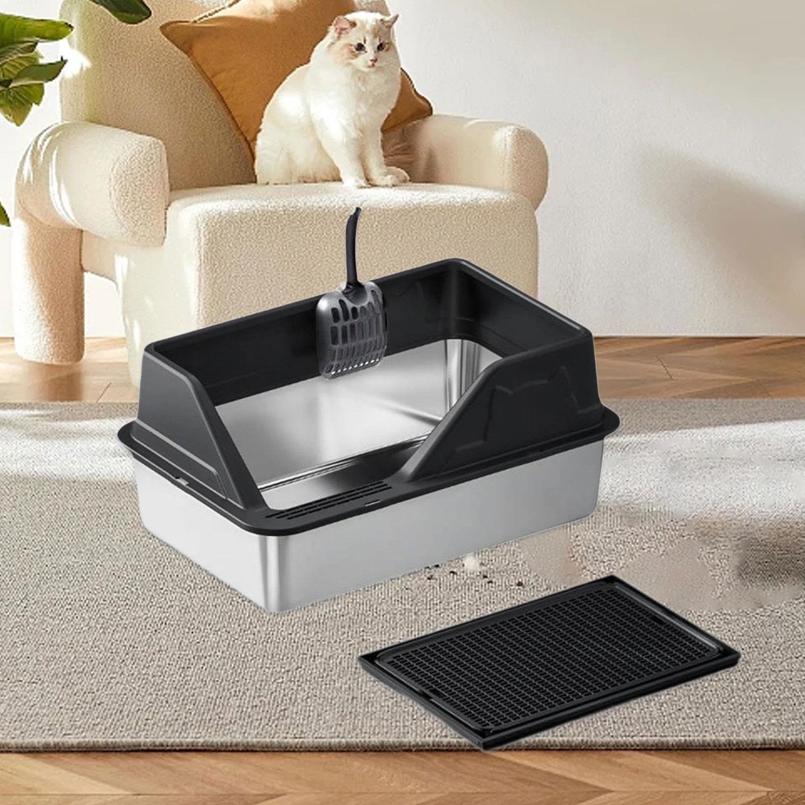 Bandeja de Arena para Gatos con Bordes Altos, Incluye Pala, Arenero Portátil para Gatos, Caja de Arena para Gatitos, Negro