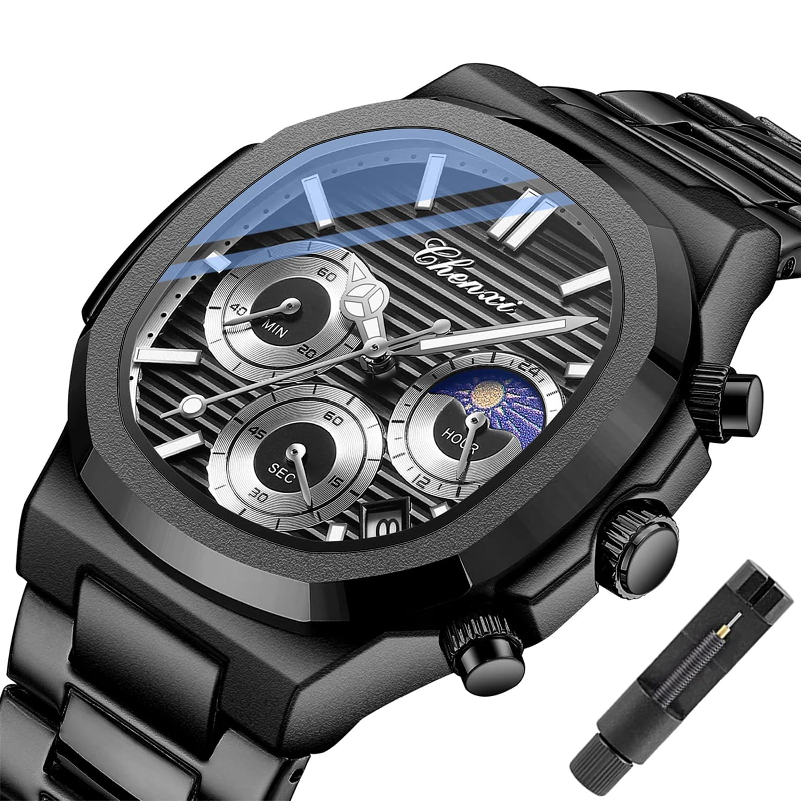 Tiong Herren-Business-Uhr mit quadratischem Achteck-Design, wasserdichte leuchtende Quarzuhr für Herren, Datums-Quarzuhr aus Edelstahl für Herren