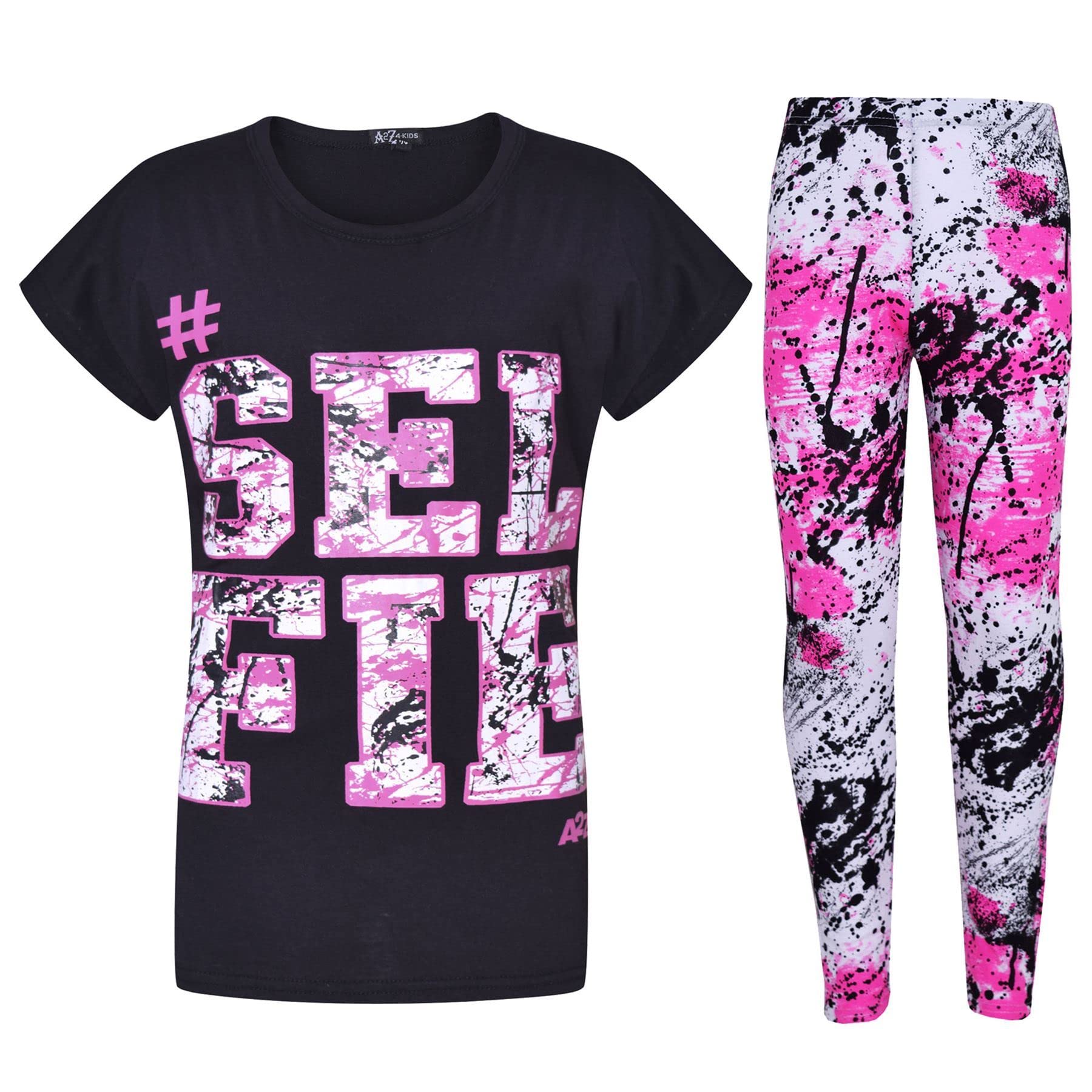 A2Z 4 Kids Girls Top Kids SELFIE Splash Print T Shirt And Legging Set - Selfie Splash Set. Black 9-10