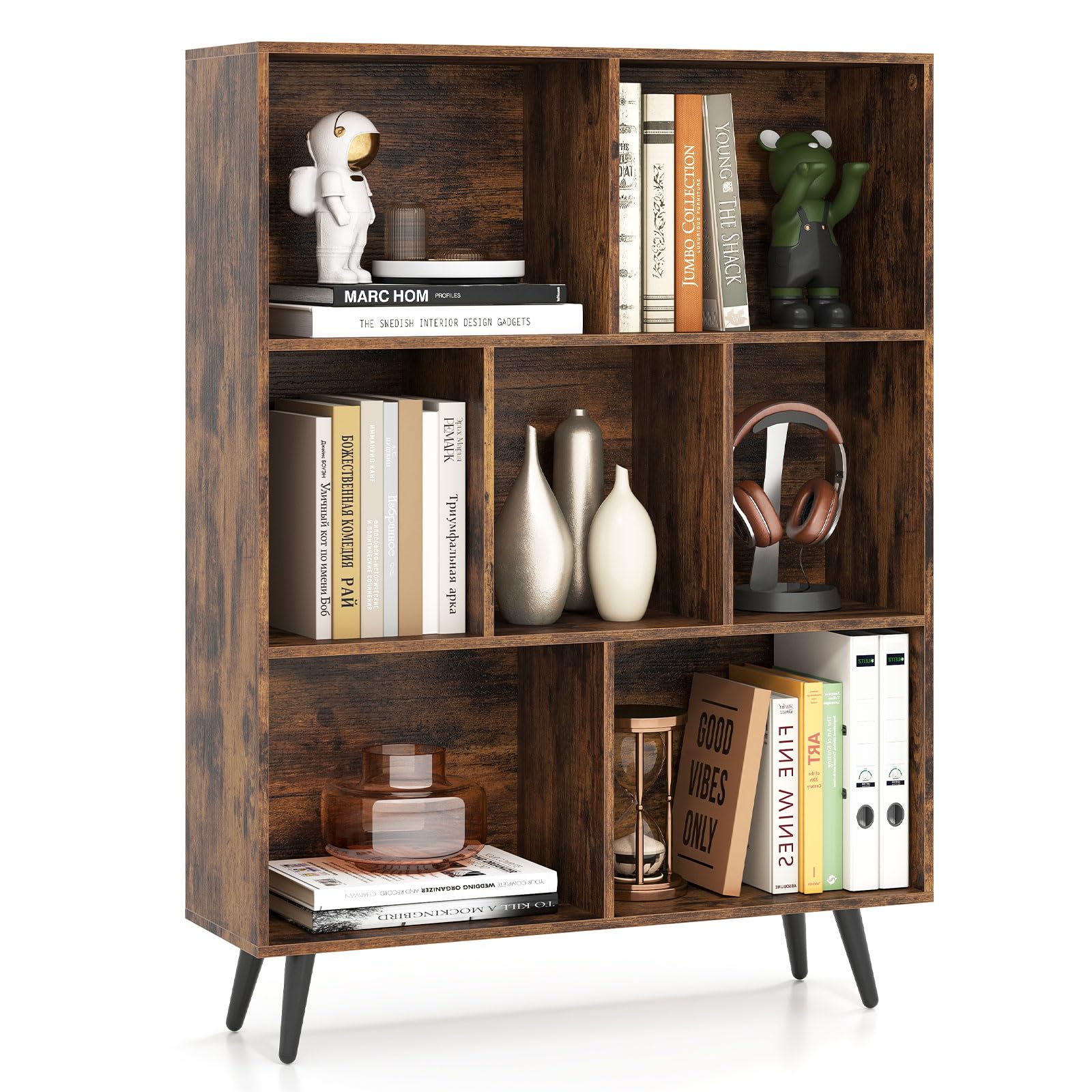 COSTWAY 7/8/10-Cube Bookcase, Modern Bookshelf Storage Rack with 4/5/5 Tapered Metal Legs and 2 Anti-Tip Kit, Freestanding Display Shelving Unit Room Divider (Brown, 80 x 24 x 107 cm)